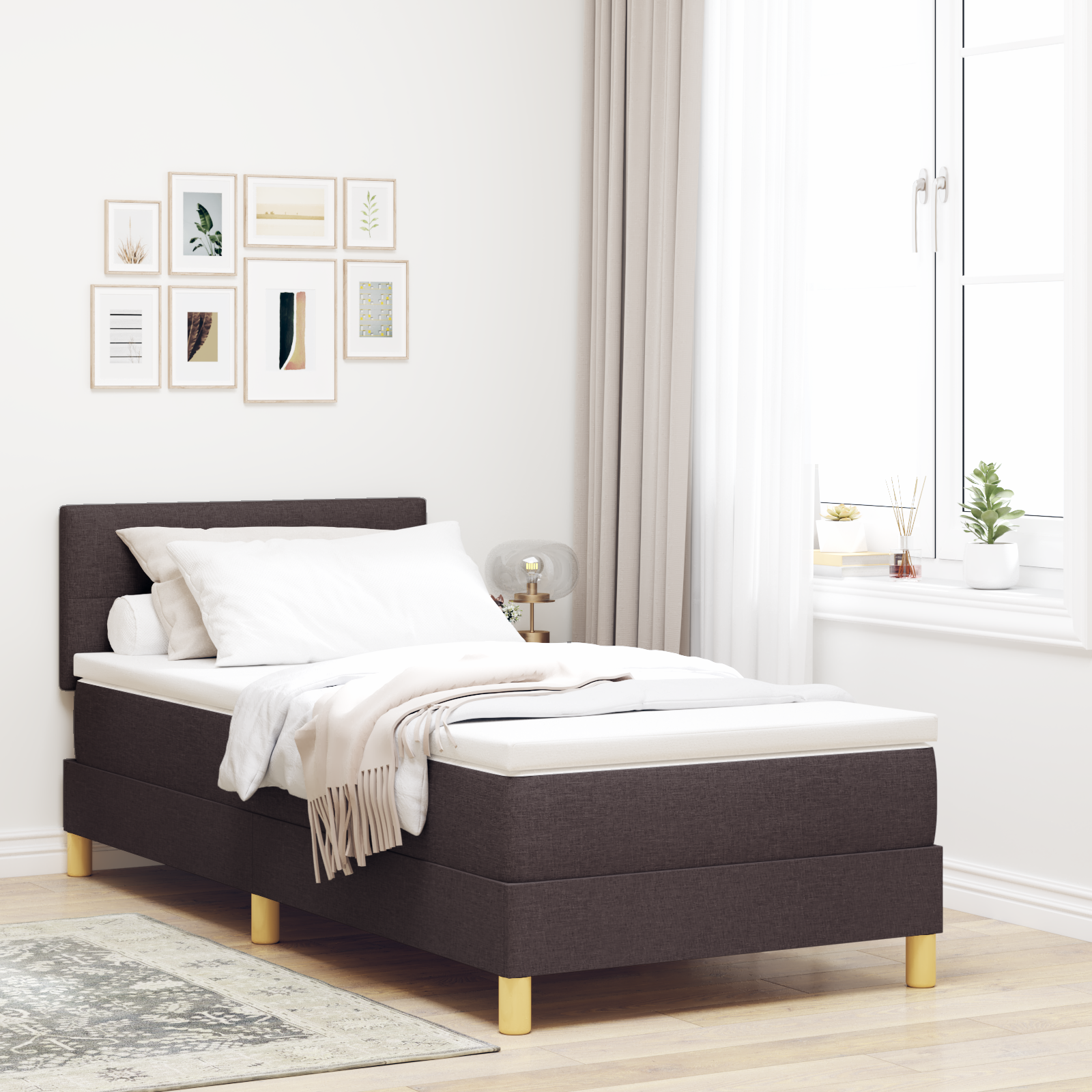 vidaXL Pat cu arcuri cu saltea Maro închis 90 x 200 cm țesătură vidaXL Pat cu arcuri cu saltea Maro închis 90 x 200 cm țesătură