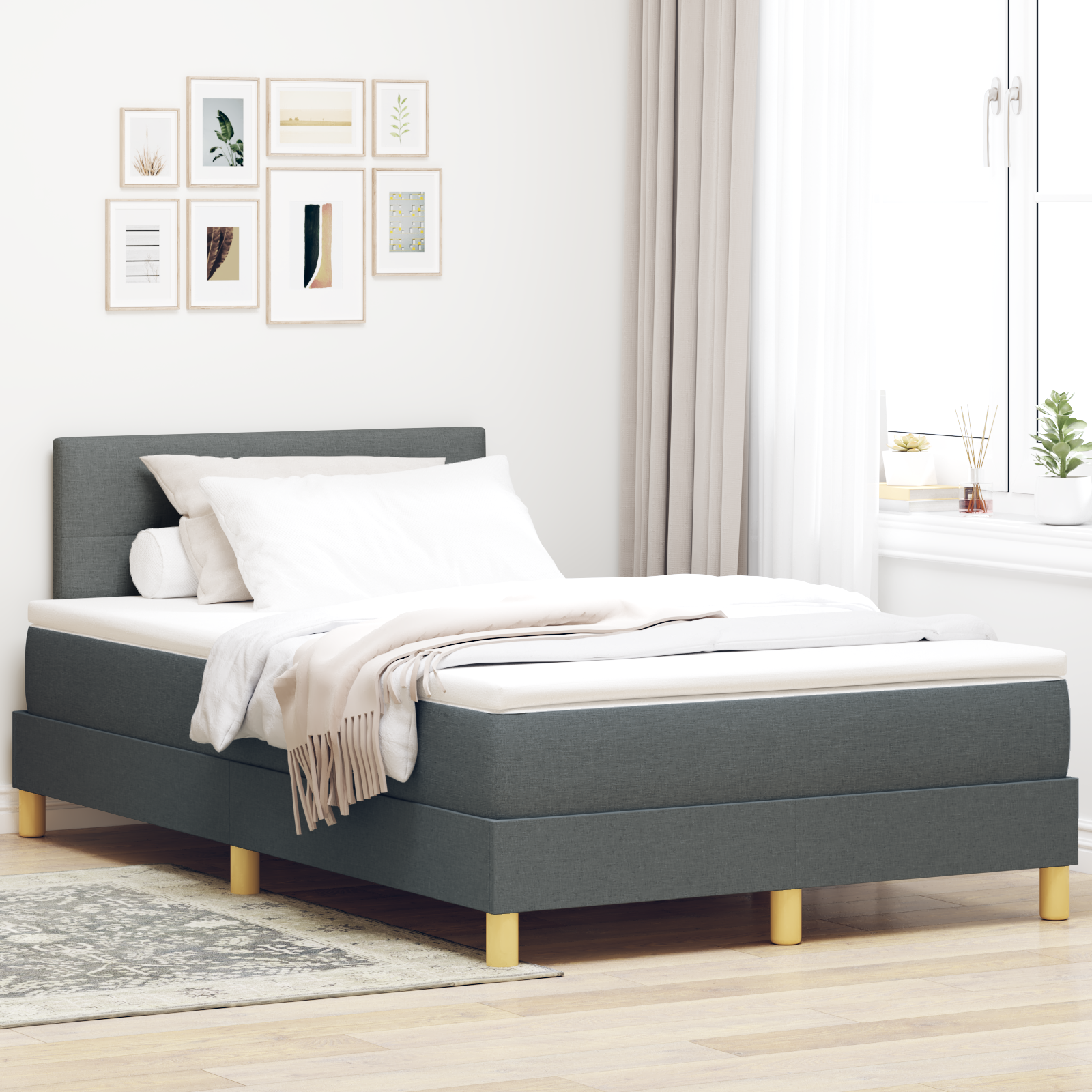 vidaXL Pat cu arcuri cu saltea Gri închis 120 x 200 cm țesătură vidaXL Pat cu arcuri cu saltea Gri închis 120 x 200 cm țesătură