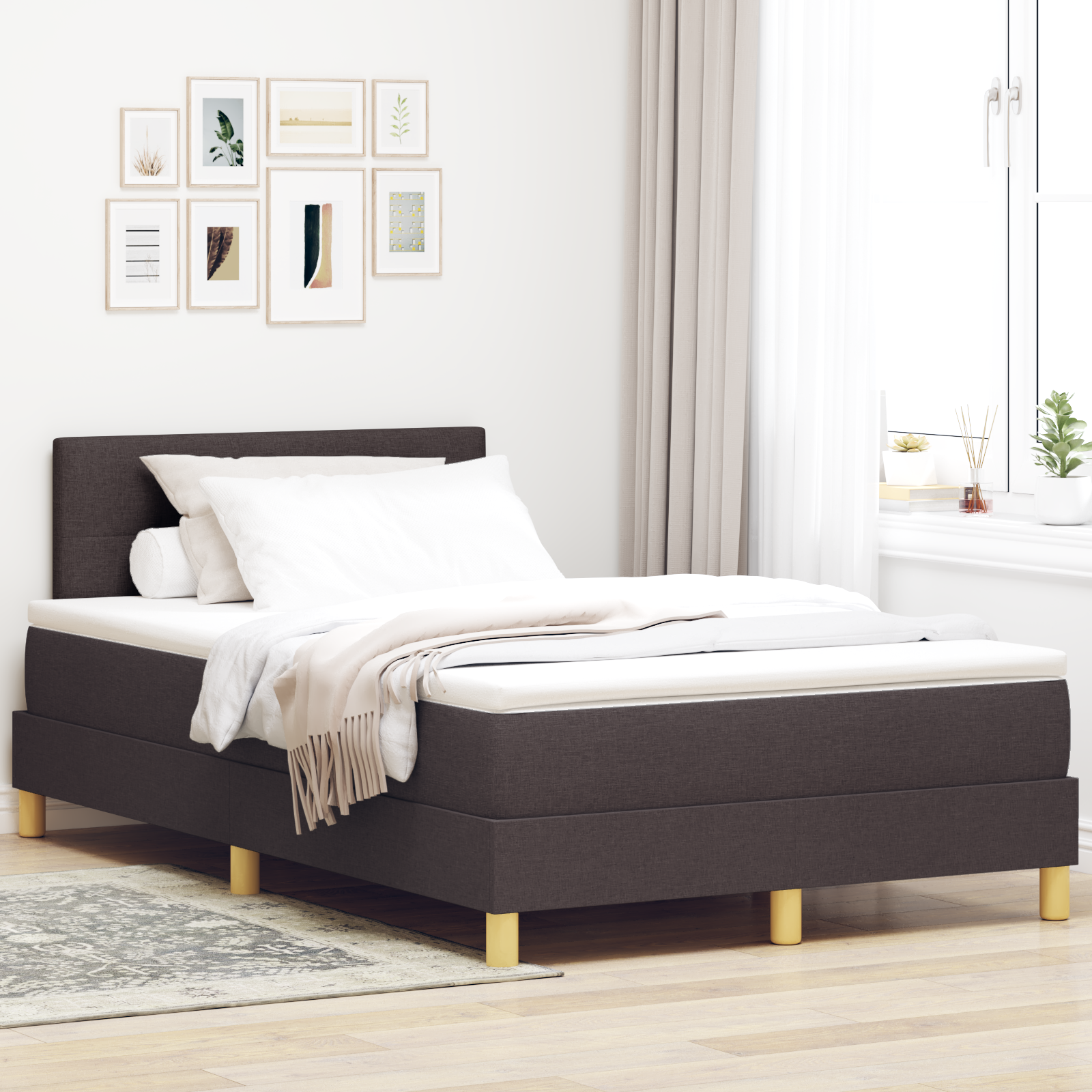 vidaXL Pat cu arcuri cu saltea Maro închis 120 x 200 cm țesătură vidaXL Pat cu arcuri cu saltea Maro închis 120 x 200 cm țesătură