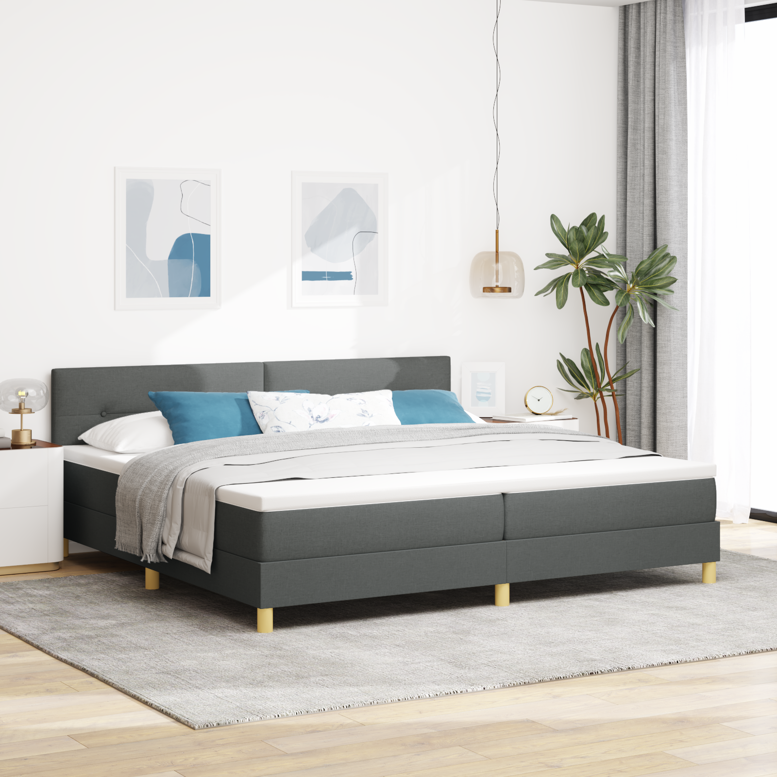 vidaXL Pat cu arcuri cu saltea Gri închis 200 x 200 cm țesătură vidaXL Pat cu arcuri cu saltea Gri închis 200 x 200 cm țesătură