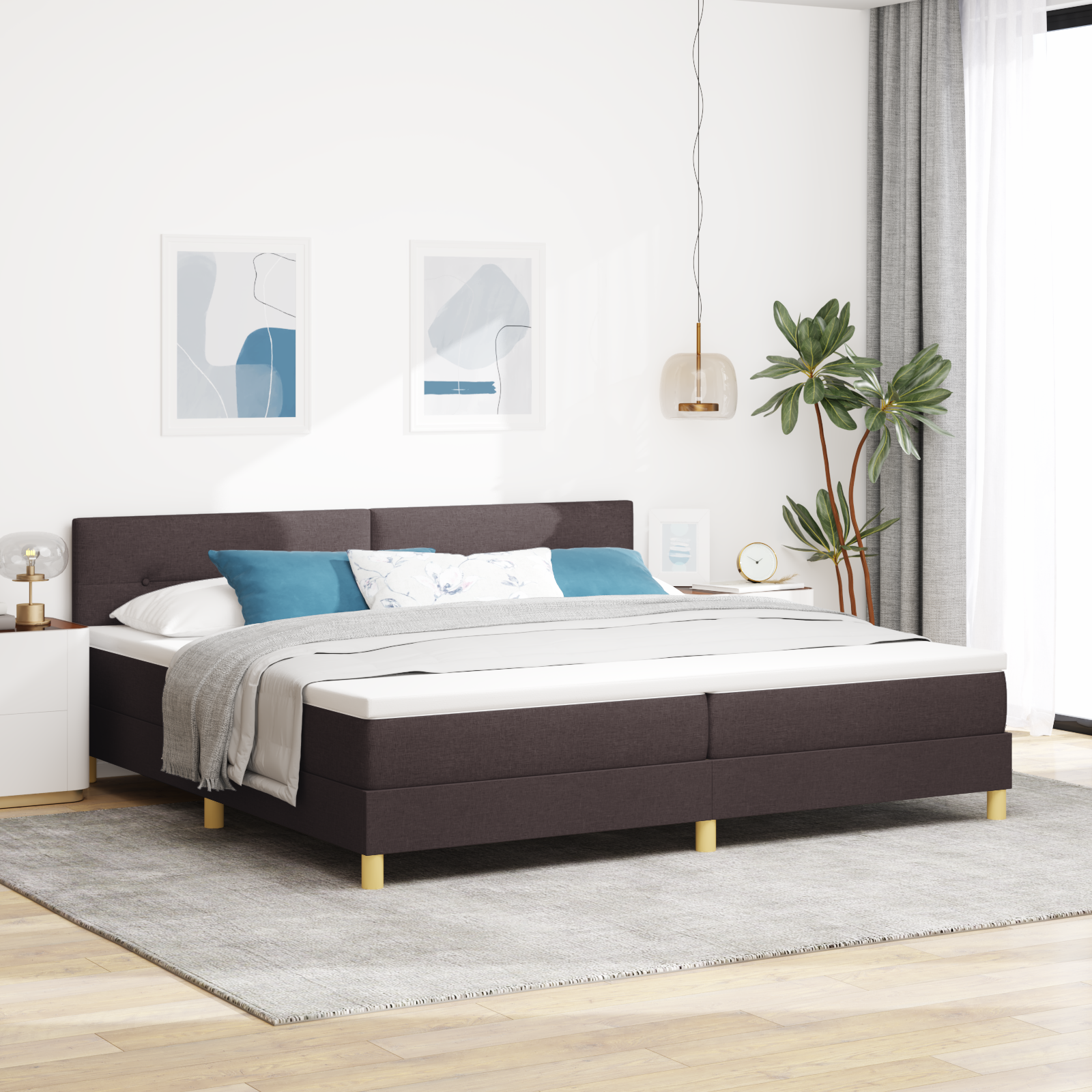 vidaXL Pat cu arcuri cu saltea Maro închis 200 x 200 cm țesătură vidaXL Pat cu arcuri cu saltea Maro închis 200 x 200 cm țesătură