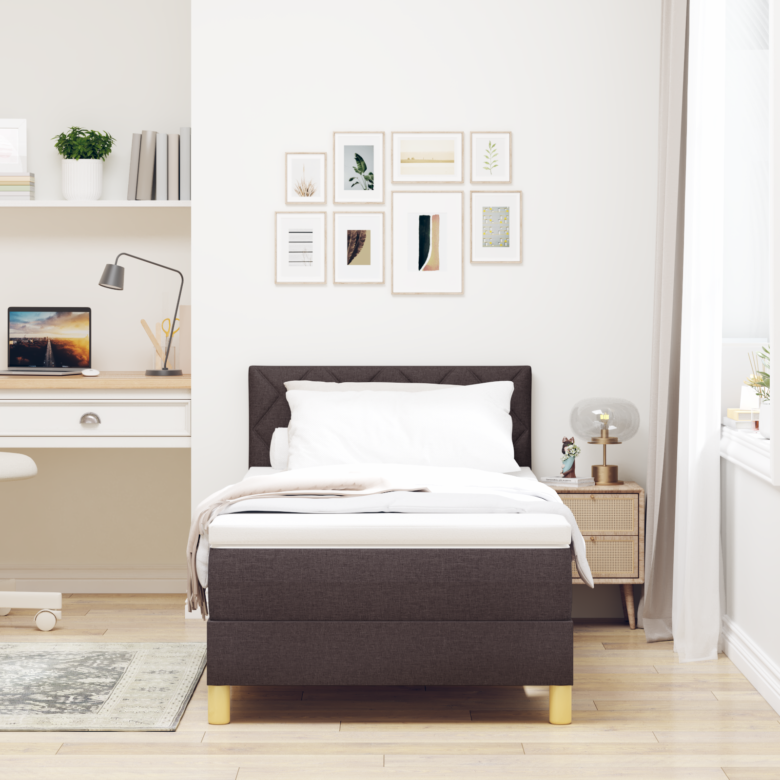 vidaXL Pat cu arcuri cu saltea Maro închis 90 x 190 cm țesătură vidaXL Pat cu arcuri cu saltea Maro închis 90 x 190 cm țesătură