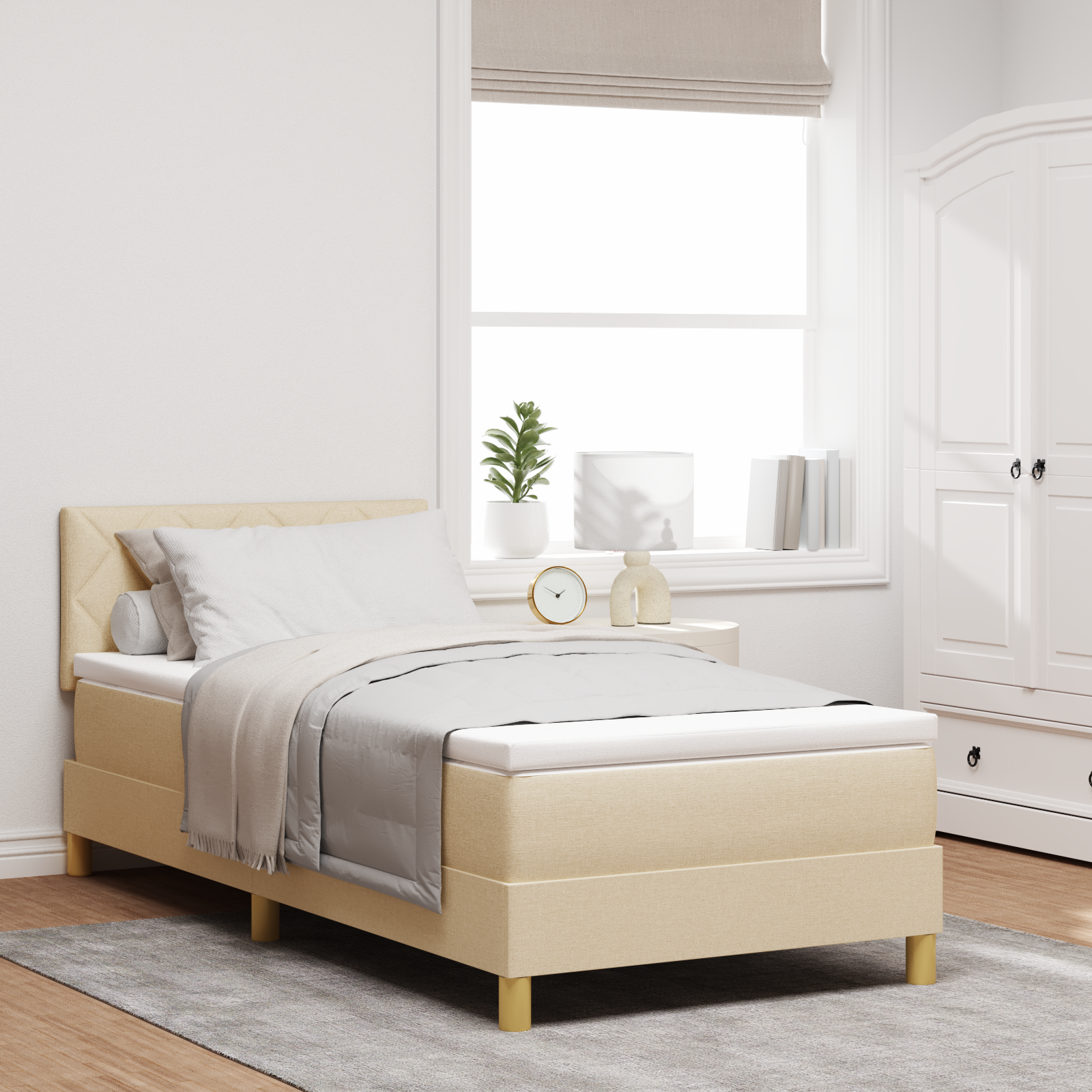 vidaXL Pat cu arcuri cu saltea cu headboard Crem 100 x 200 cm țesătură
