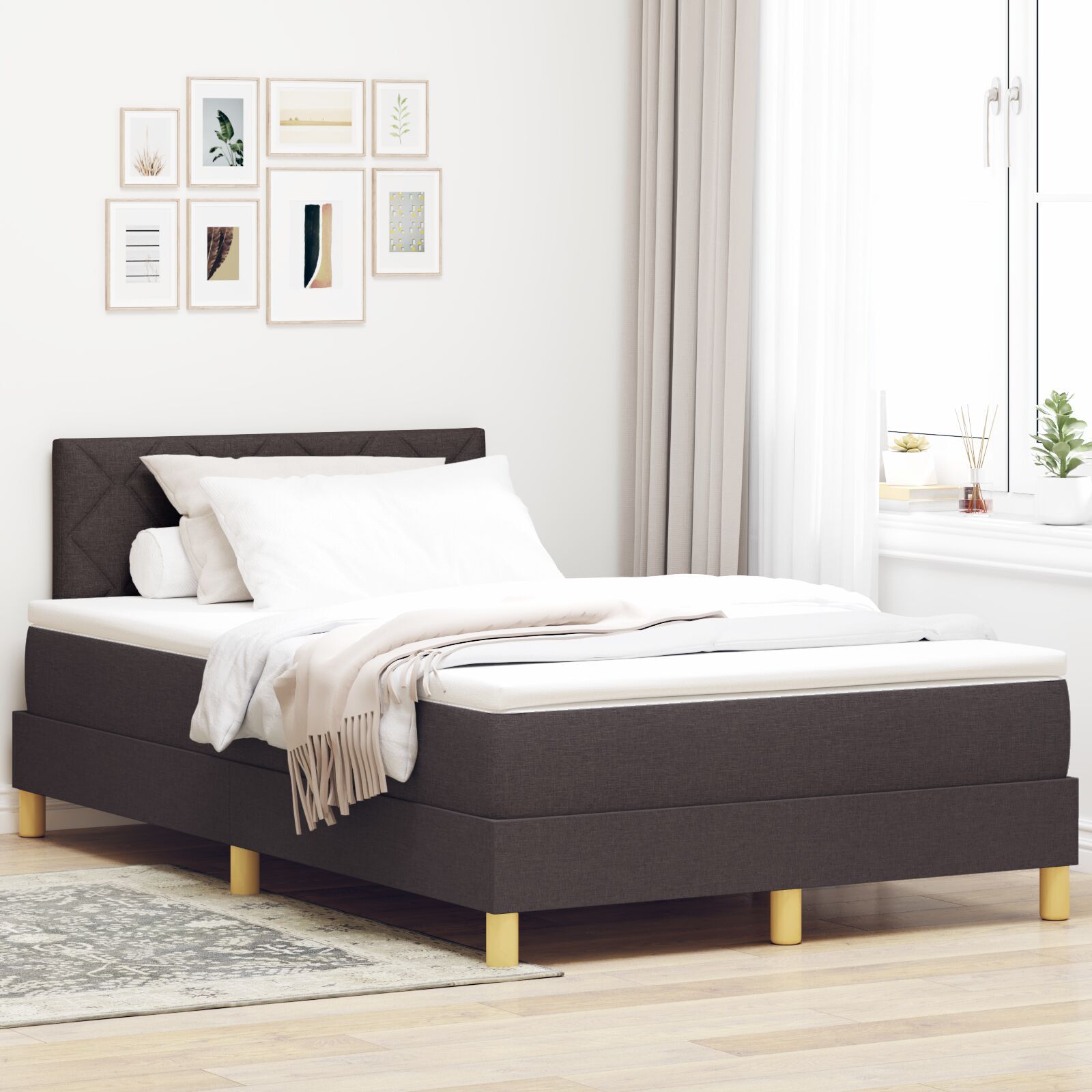 vidaXL Pat cu arcuri cu saltea Maro închis 120 x 200 cm țesătură vidaXL Pat cu arcuri cu saltea Maro închis 120 x 200 cm țesătură