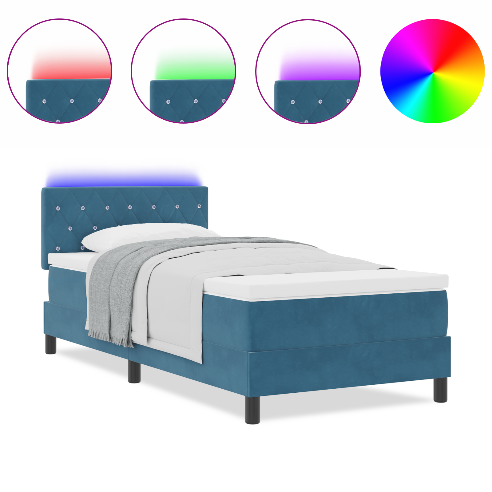 Pat cu arcuri box și saltea vidaXL cu LED Albastru Întunecat 90x190 cm Catifea Pat cu arcuri box și saltea vidaXL cu LED Albastru Întunecat 90x190 cm Catifea