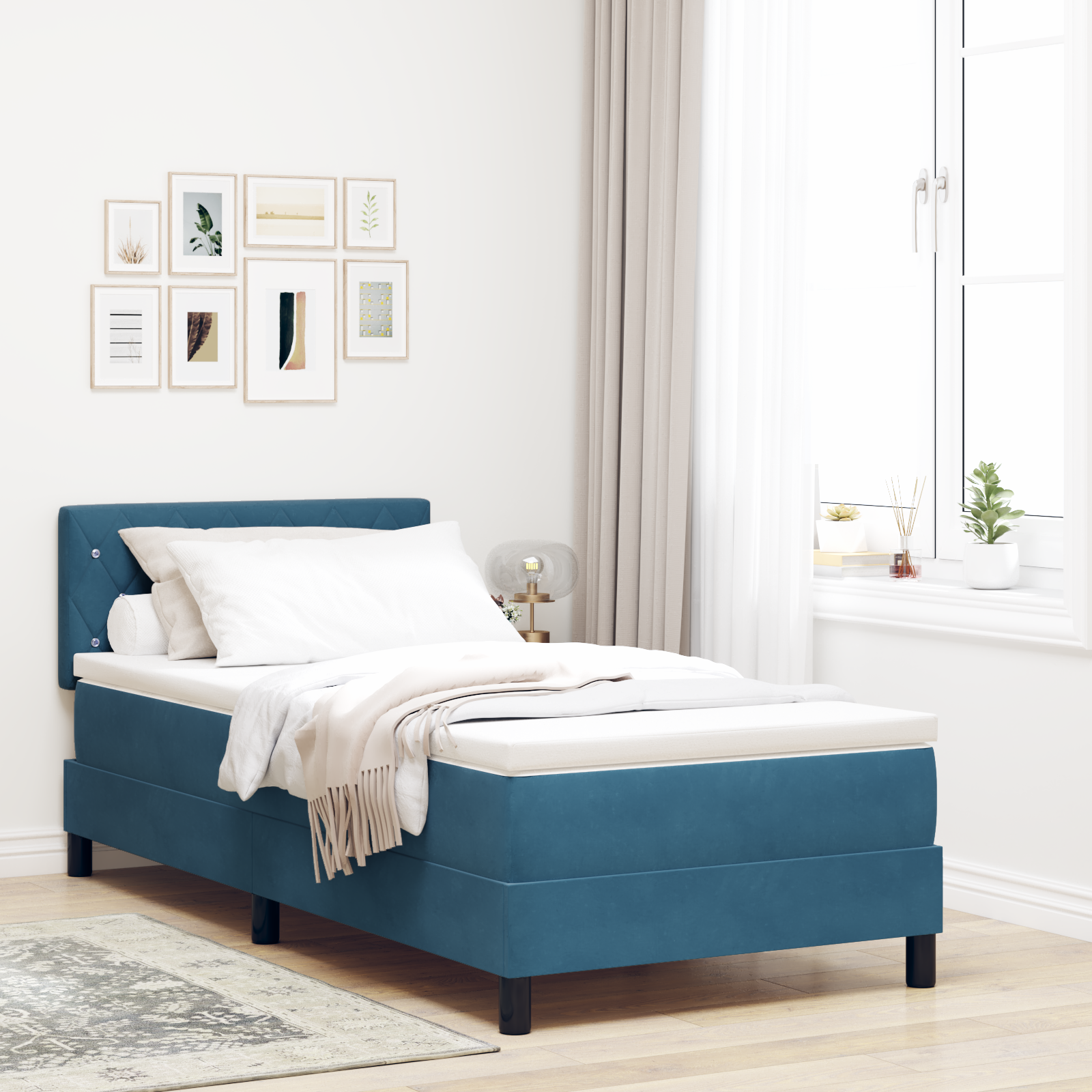 Pat cu arcuri box și saltea vidaXL cu LED Albastru Întunecat 90x190 cm Catifea Pat cu arcuri box și saltea vidaXL cu LED Albastru Întunecat 90x190 cm Catifea