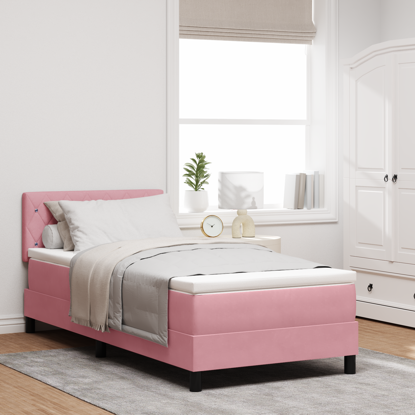 Pat Box Spring vidaXL cu Saltea și LED Roz 90x190 cm Catifea Pat Box Spring vidaXL cu Saltea și LED Roz 90x190 cm Catifea