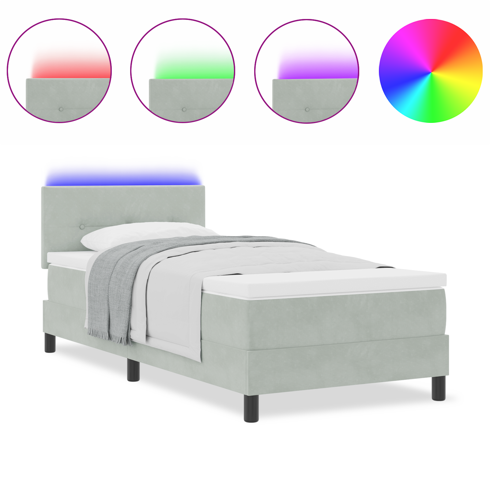 Pat Box Spring vidaXL cu Saltea & LED Gri deschis 90x200 cm Catifea Pat Box Spring vidaXL cu Saltea & LED Gri deschis 90x200 cm Catifea
