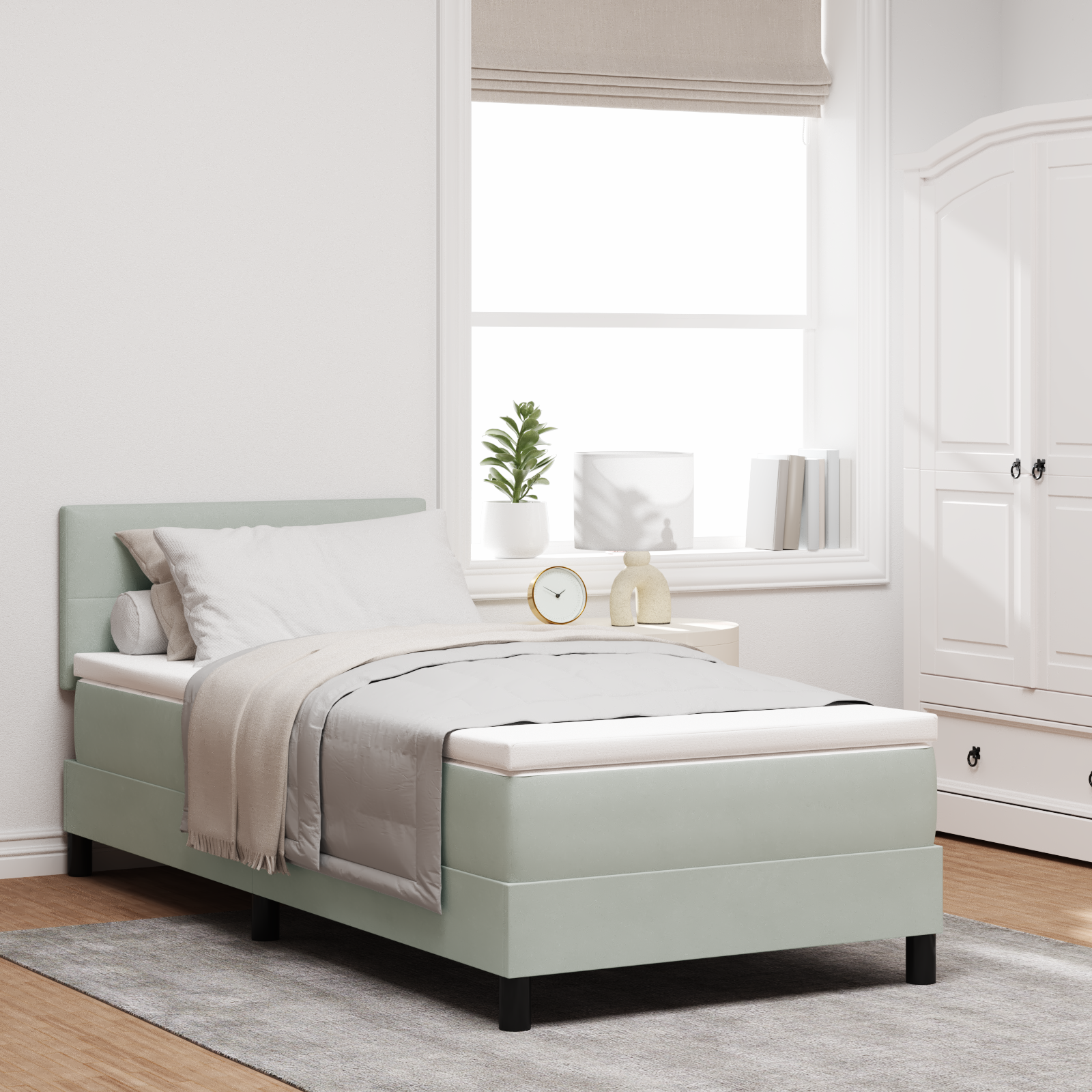 Pat Box Spring vidaXL cu Saltea & LED Gri deschis 90x200 cm Catifea Pat Box Spring vidaXL cu Saltea & LED Gri deschis 90x200 cm Catifea