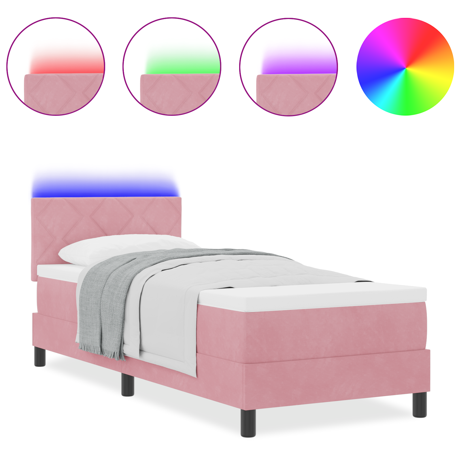 Pat Box Spring cu Saltea & LED Roz 80x200 cm Catifea Pat Box Spring cu Saltea & LED Roz 80x200 cm Catifea