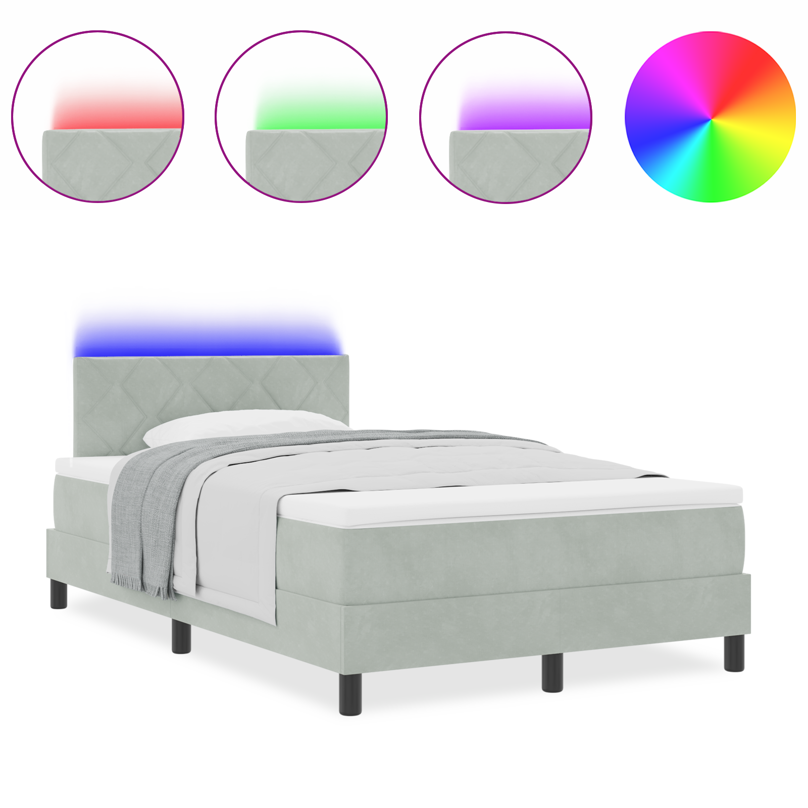 Pat Box Spring vidaXL cu saltea și lumină LED Gri deschis 120x200 cm Catifea Pat Box Spring vidaXL cu saltea și lumină LED Gri deschis 120x200 cm Catifea