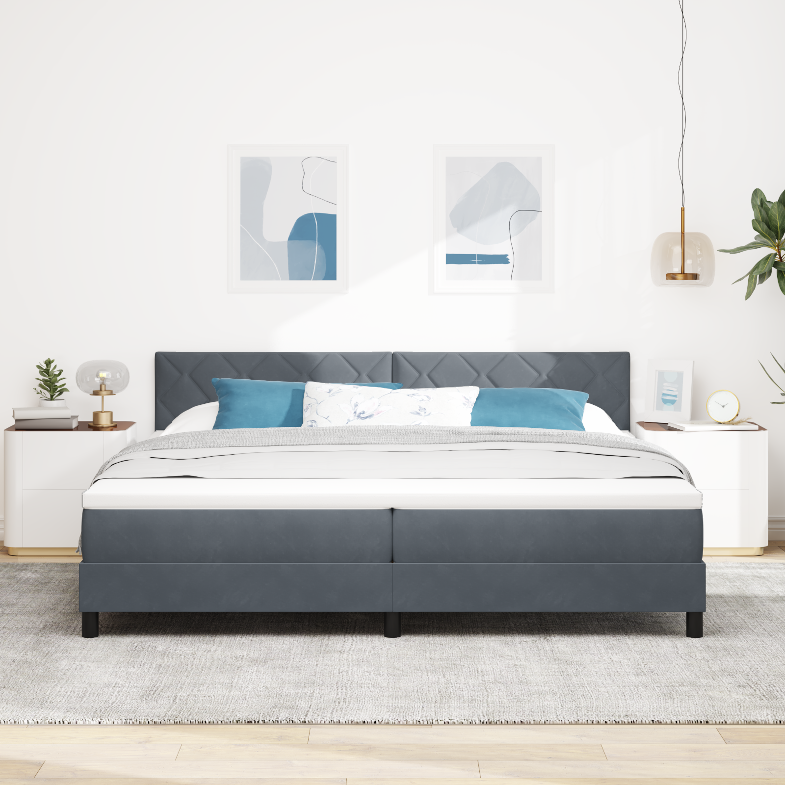 vidaXL Pat cu arcuri cu saltea Gri închis 200 x 200 cm Catifea vidaXL Pat cu arcuri cu saltea Gri închis 200 x 200 cm Catifea