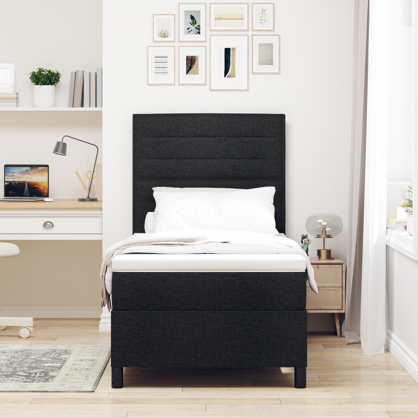 vidaXL Pat cu arcuri cu saltea Negru 100 x 200 cm țesătură vidaXL Pat cu arcuri cu saltea Negru 100 x 200 cm țesătură
