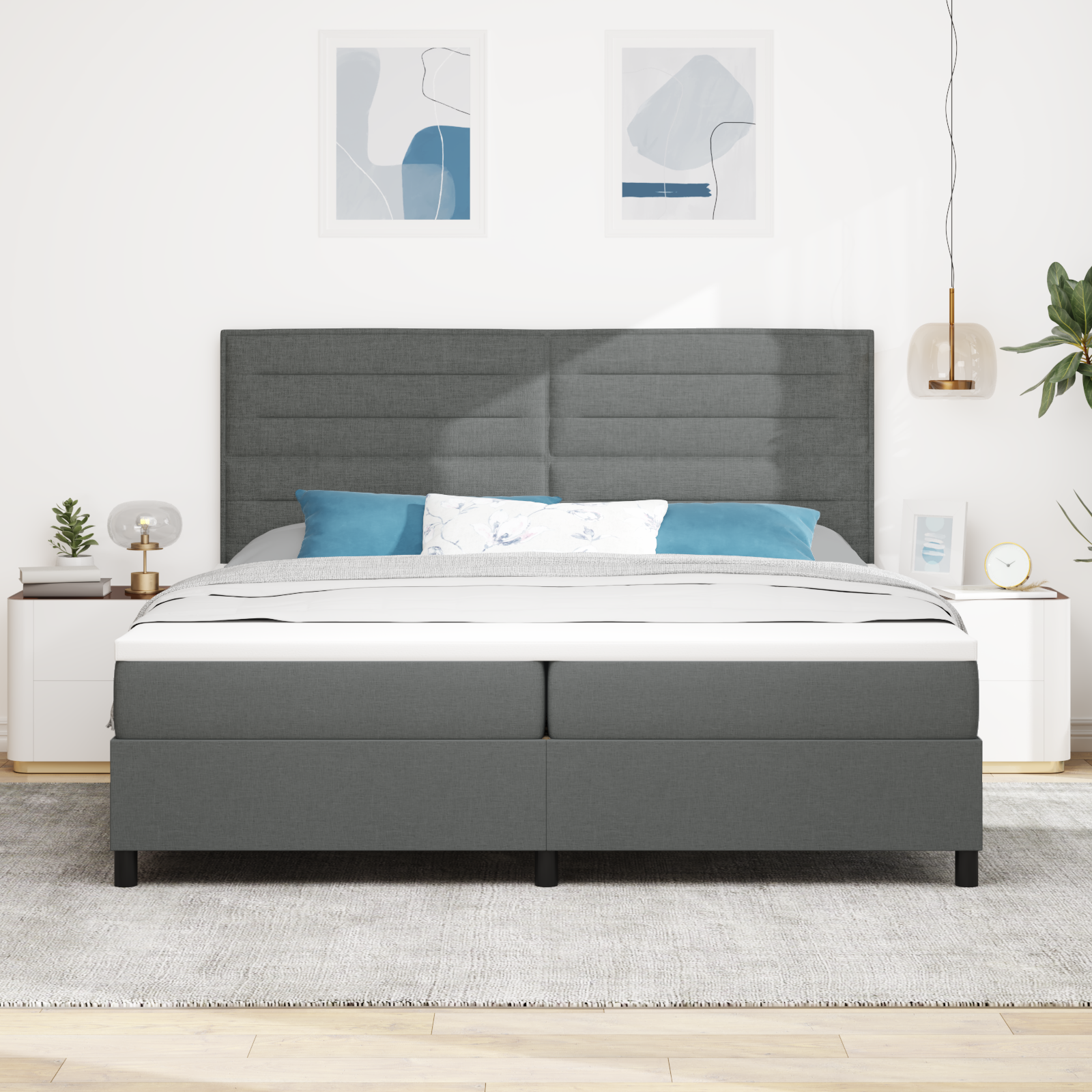 vidaXL Pat cu arcuri cu saltea Gri închis 200 x 200 cm țesătură vidaXL Pat cu arcuri cu saltea Gri închis 200 x 200 cm țesătură