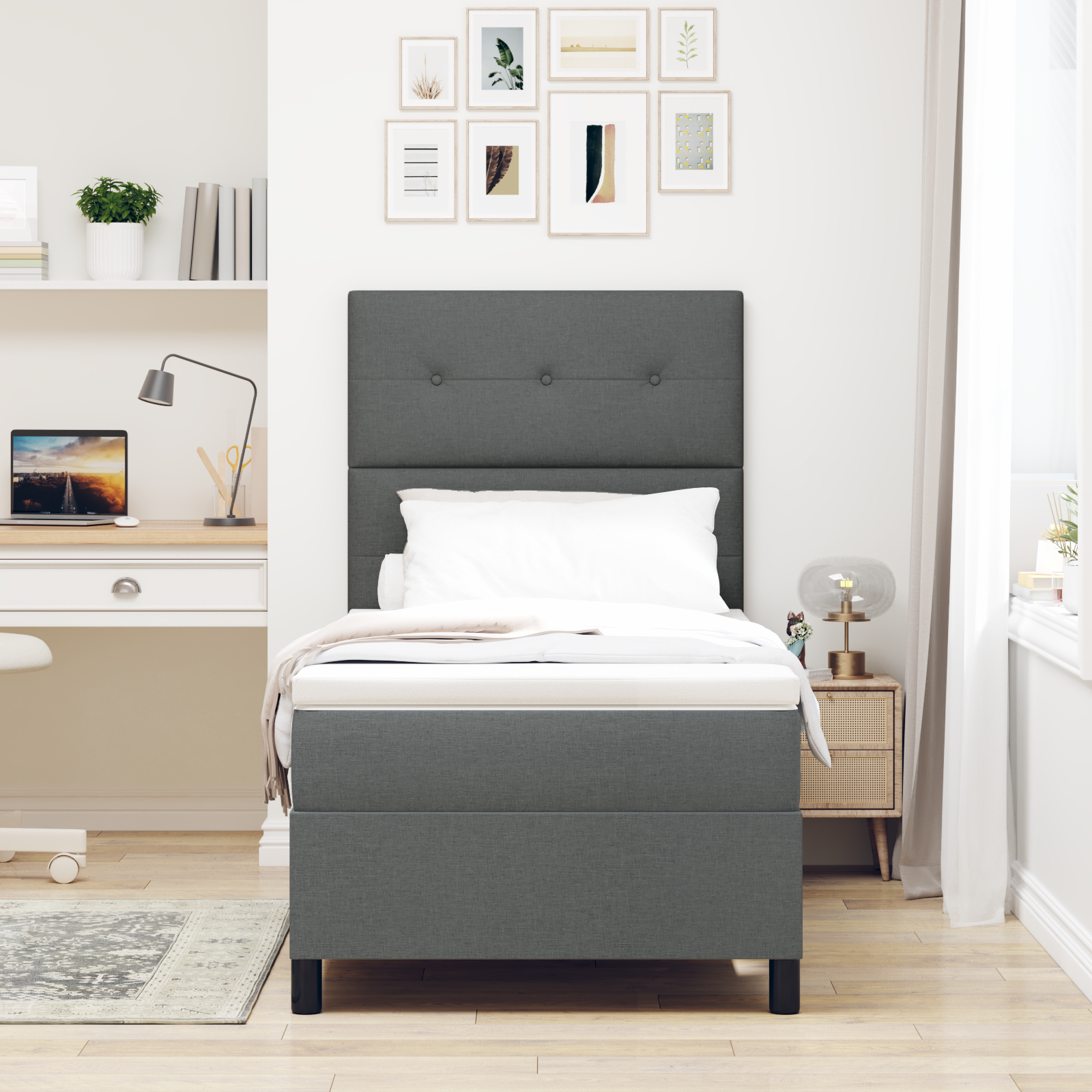 vidaXL Pat cu arcuri cu saltea Gri închis 80 x 200 cm țesătură vidaXL Pat cu arcuri cu saltea Gri închis 80 x 200 cm țesătură