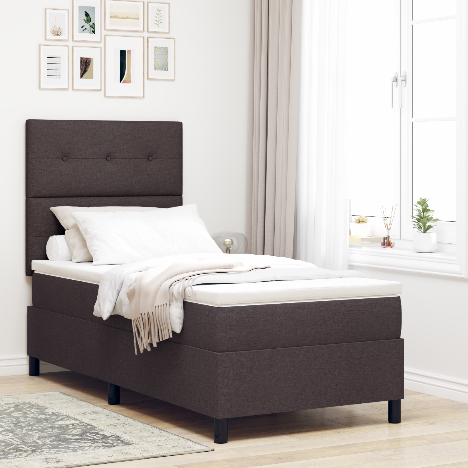 vidaXL Pat cu arcuri cu saltea Maro închis 90 x 190 cm țesătură vidaXL Pat cu arcuri cu saltea Maro închis 90 x 190 cm țesătură