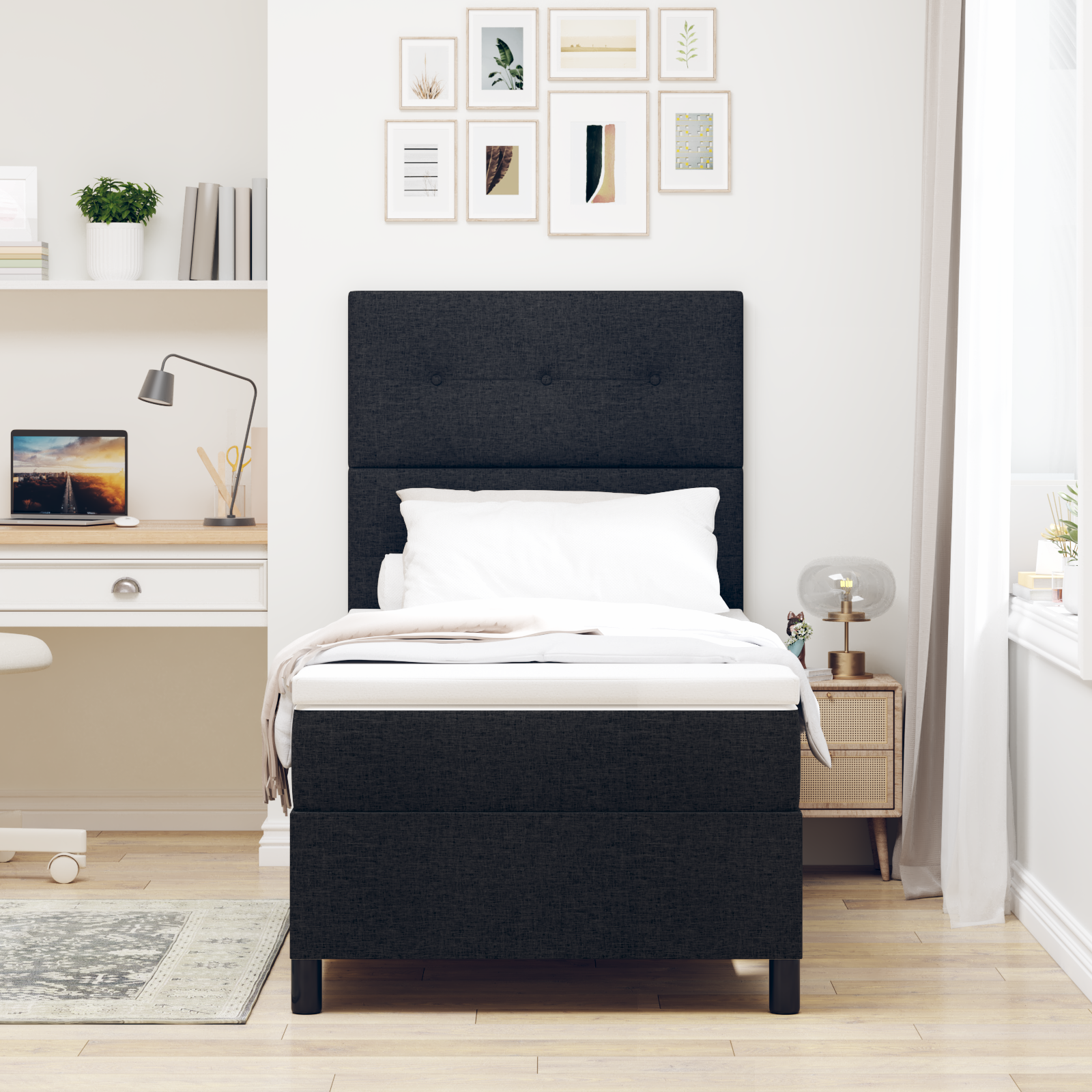 vidaXL Pat cu arcuri cu saltea Negru 100 x 200 cm țesătură vidaXL Pat cu arcuri cu saltea Negru 100 x 200 cm țesătură
