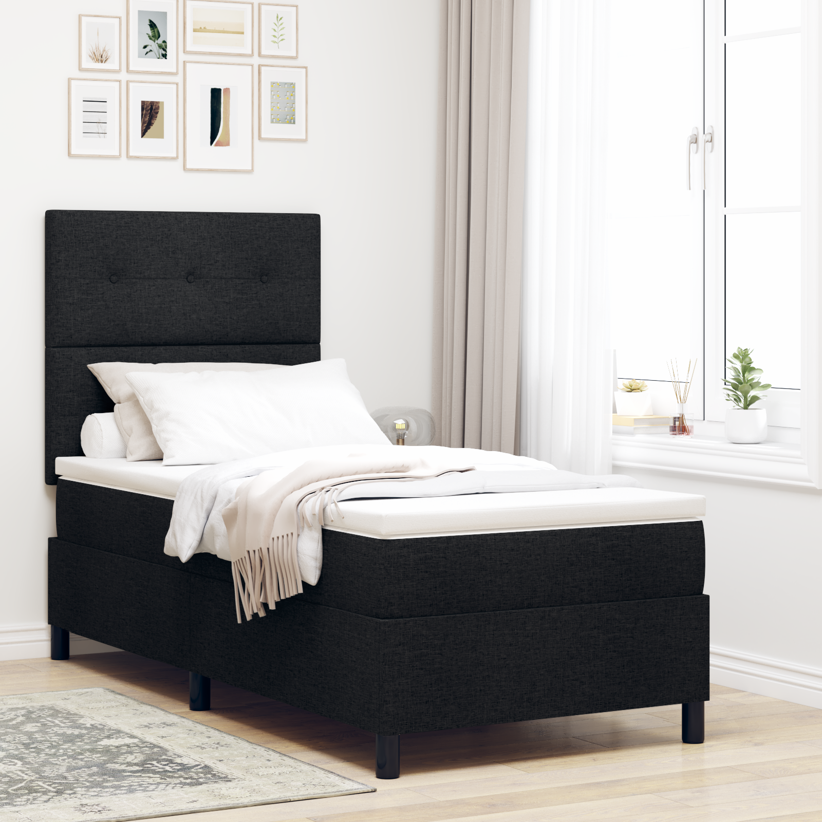 vidaXL Pat cu arcuri cu saltea Negru 100 x 200 cm țesătură vidaXL Pat cu arcuri cu saltea Negru 100 x 200 cm țesătură