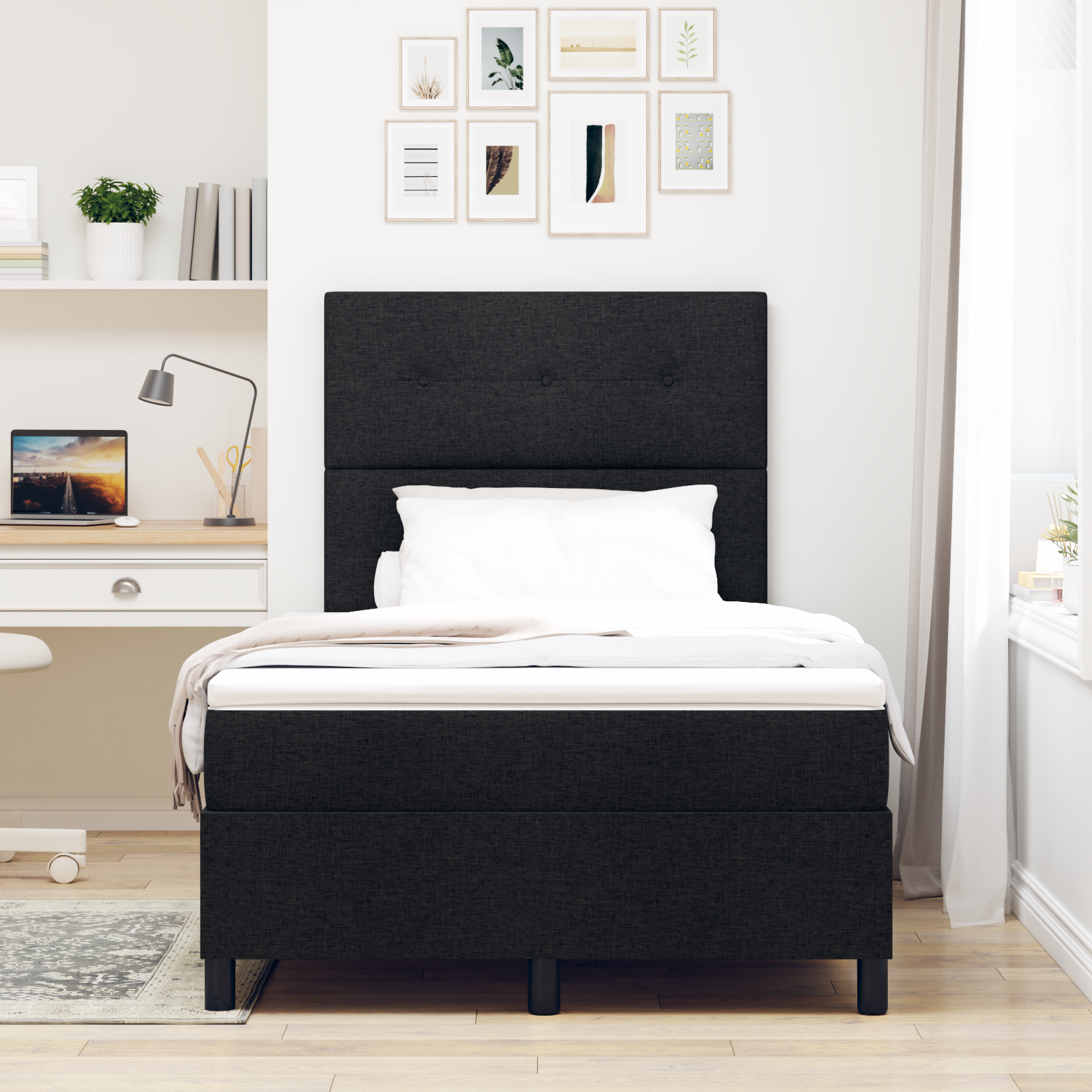 vidaXL Pat cu arcuri cu saltea Negru 120 x 200 cm țesătură vidaXL Pat cu arcuri cu saltea Negru 120 x 200 cm țesătură