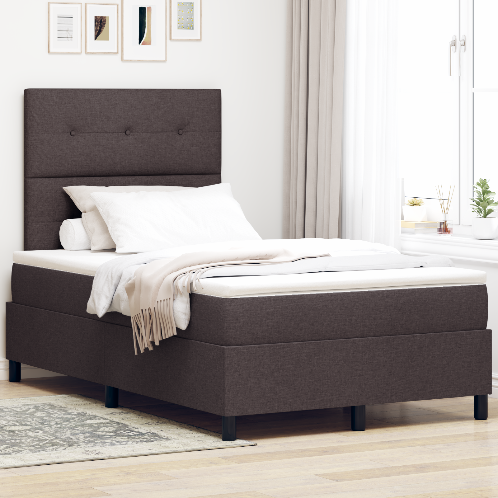 vidaXL Pat cu arcuri cu saltea Maro închis 120 x 200 cm țesătură vidaXL Pat cu arcuri cu saltea Maro închis 120 x 200 cm țesătură
