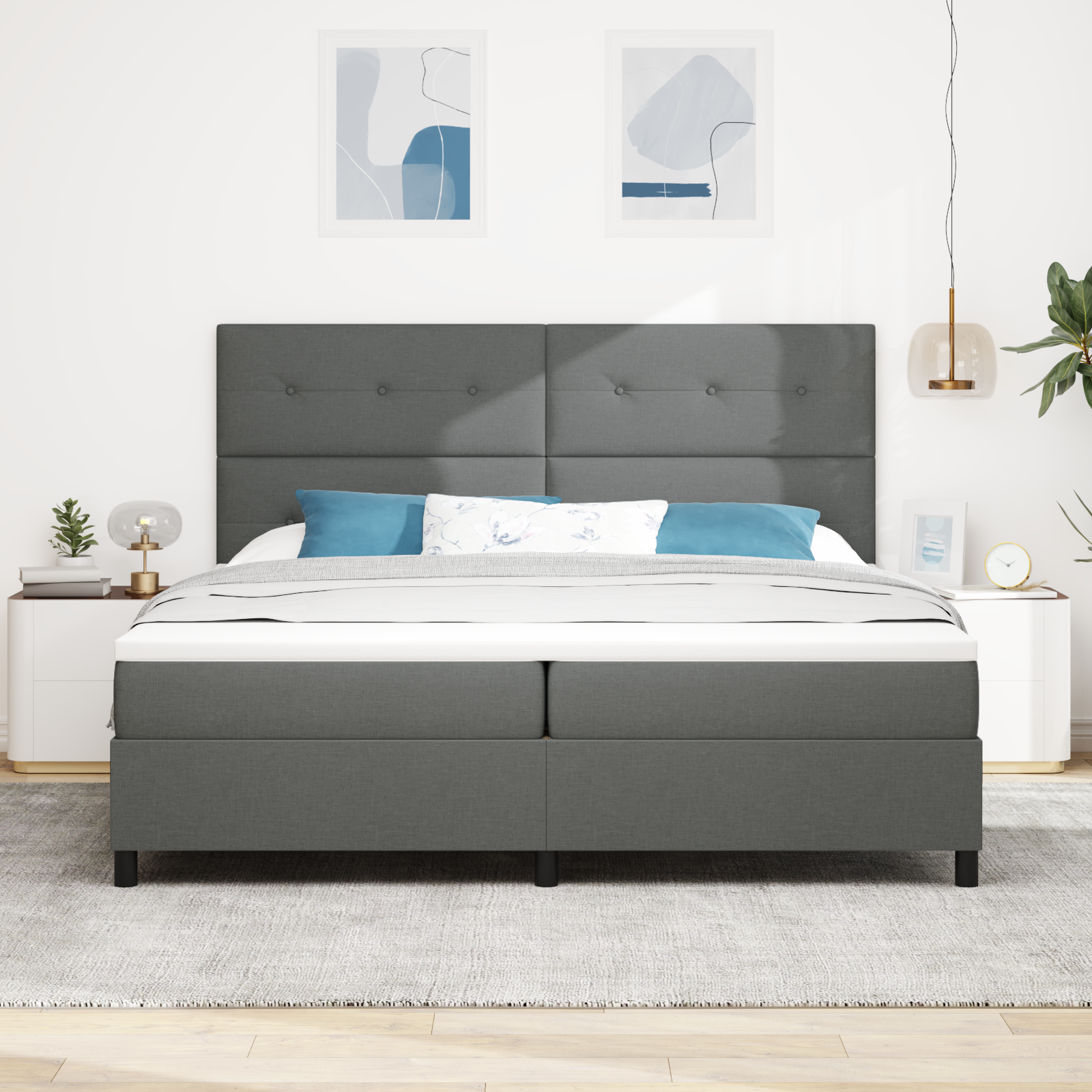 vidaXL Pat cu arcuri cu saltea Gri închis 200 x 200 cm țesătură vidaXL Pat cu arcuri cu saltea Gri închis 200 x 200 cm țesătură