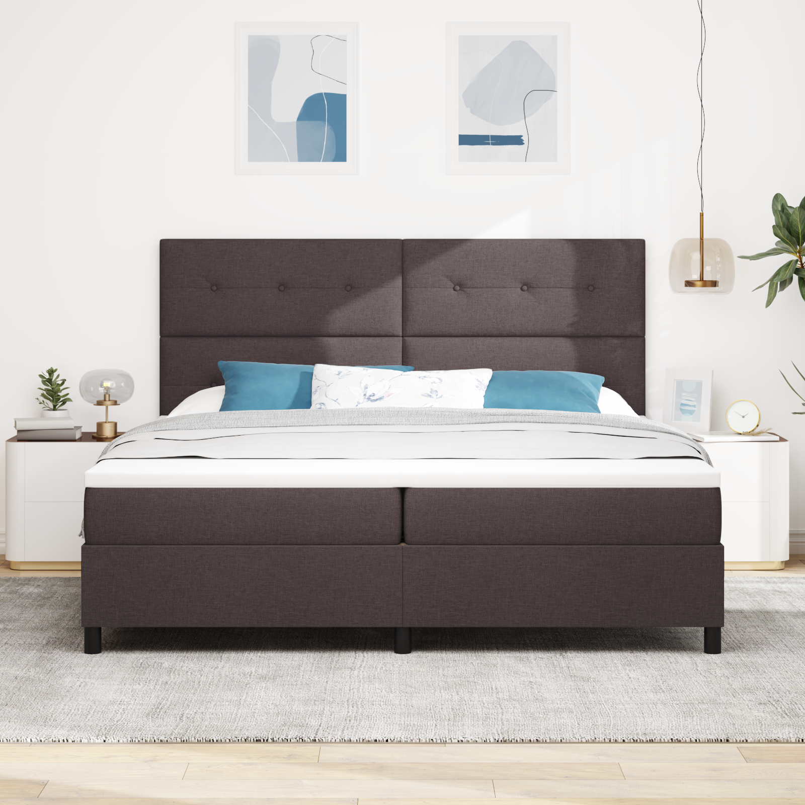 vidaXL Pat cu arcuri cu saltea Maro închis 200 x 200 cm țesătură vidaXL Pat cu arcuri cu saltea Maro închis 200 x 200 cm țesătură