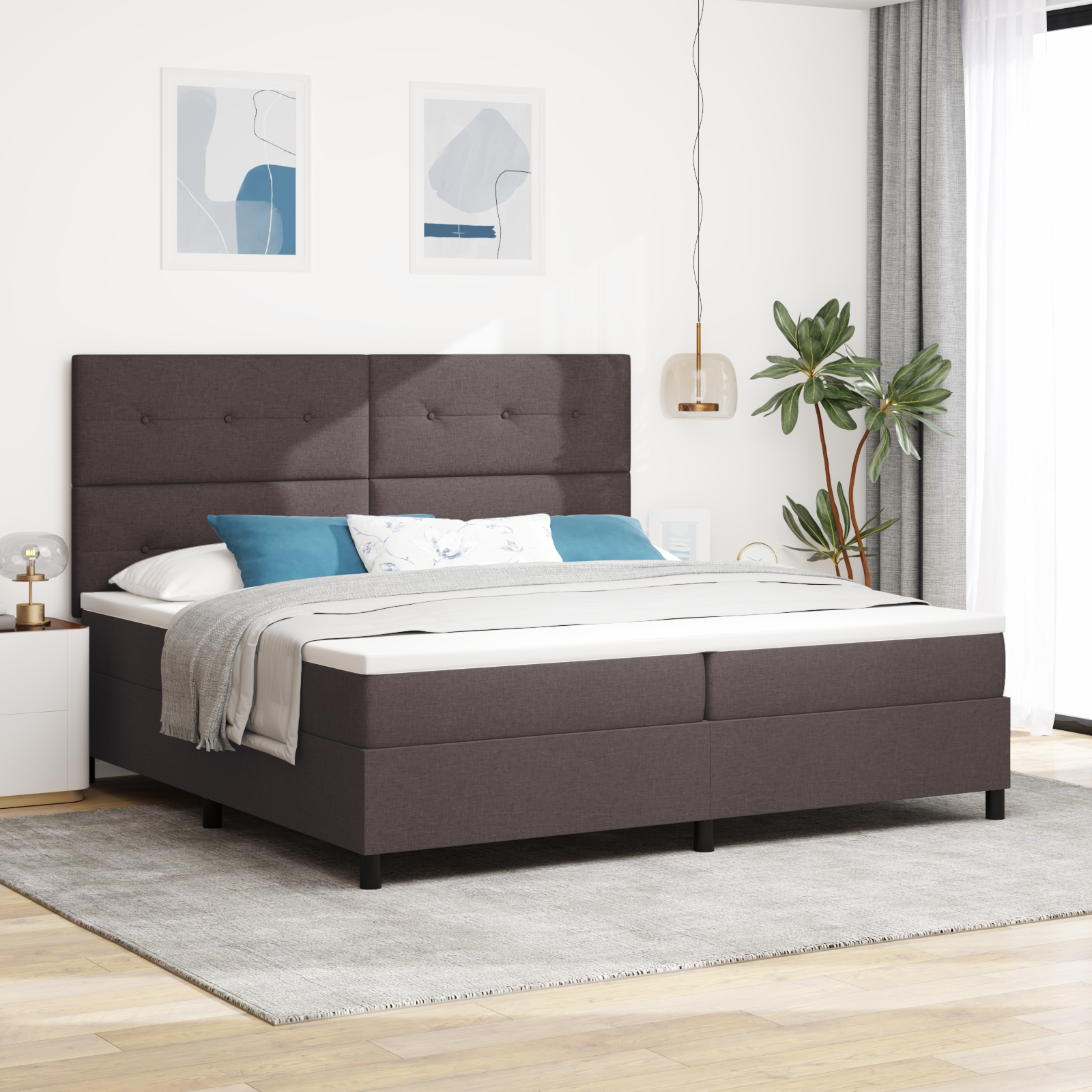 vidaXL Pat cu arcuri cu saltea Maro închis 200 x 200 cm țesătură vidaXL Pat cu arcuri cu saltea Maro închis 200 x 200 cm țesătură