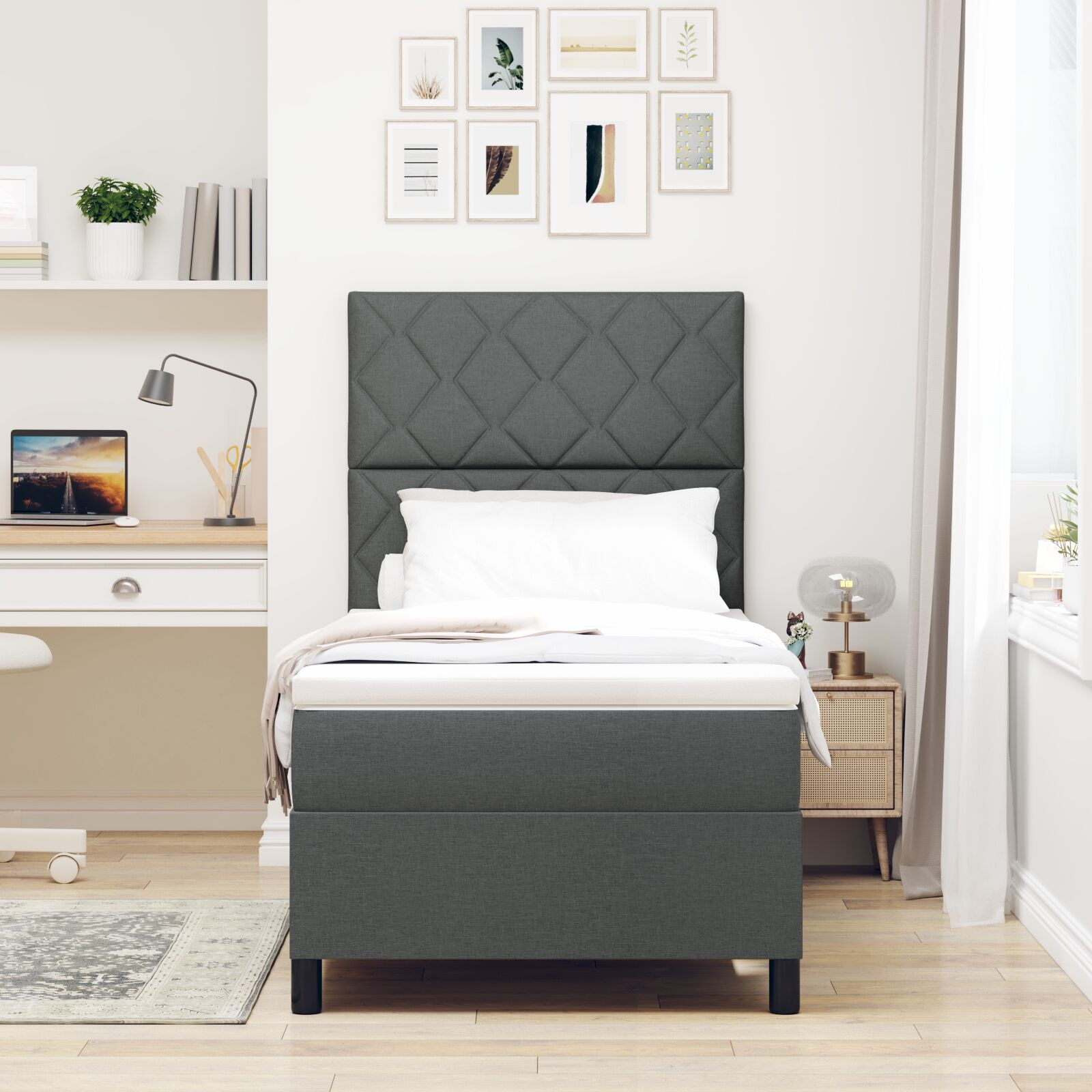 vidaXL Pat cu arcuri cu saltea Gri închis 90 x 190 cm țesătură vidaXL Pat cu arcuri cu saltea Gri închis 90 x 190 cm țesătură
