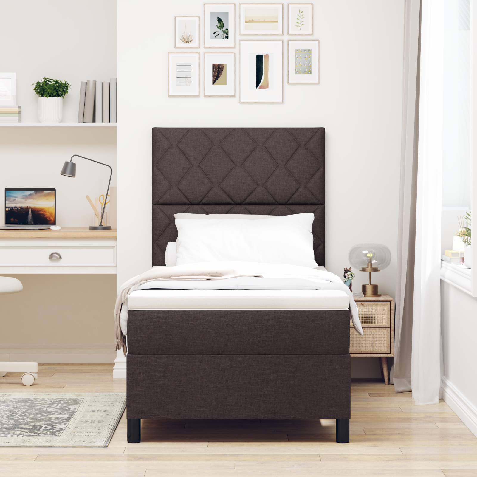 vidaXL Pat cu arcuri cu saltea Maro închis 90 x 200 cm țesătură vidaXL Pat cu arcuri cu saltea Maro închis 90 x 200 cm țesătură