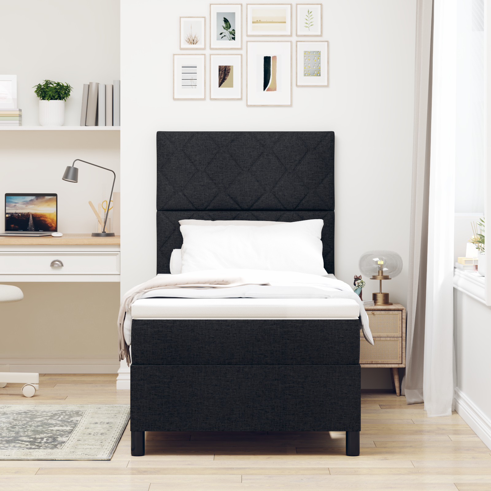 vidaXL Pat cu arcuri cu saltea Negru 100 x 200 cm țesătură vidaXL Pat cu arcuri cu saltea Negru 100 x 200 cm țesătură