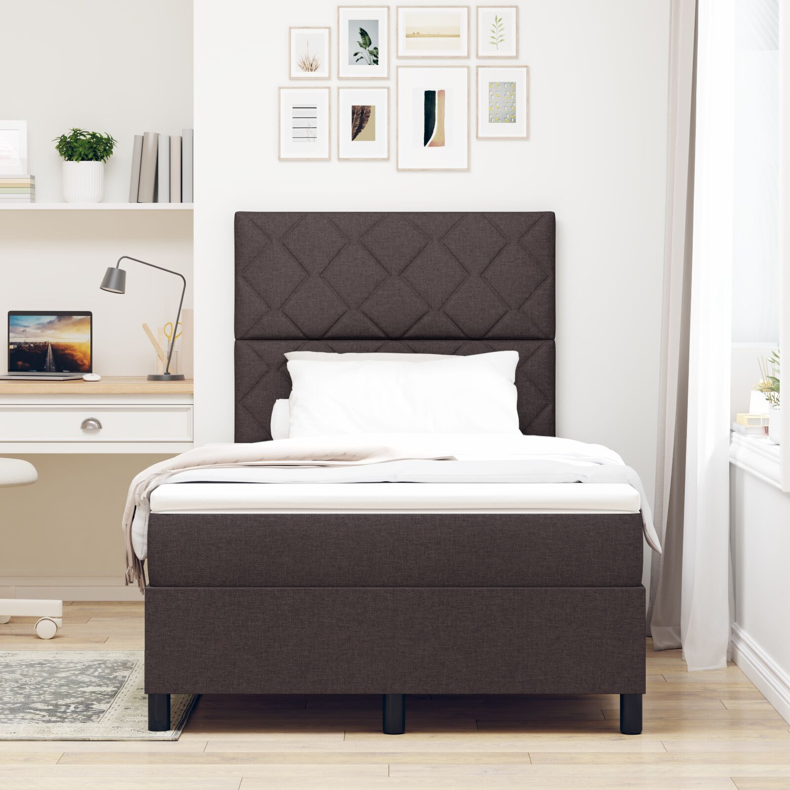 vidaXL Pat cu arcuri cu saltea Maro închis 120 x 200 cm țesătură vidaXL Pat cu arcuri cu saltea Maro închis 120 x 200 cm țesătură