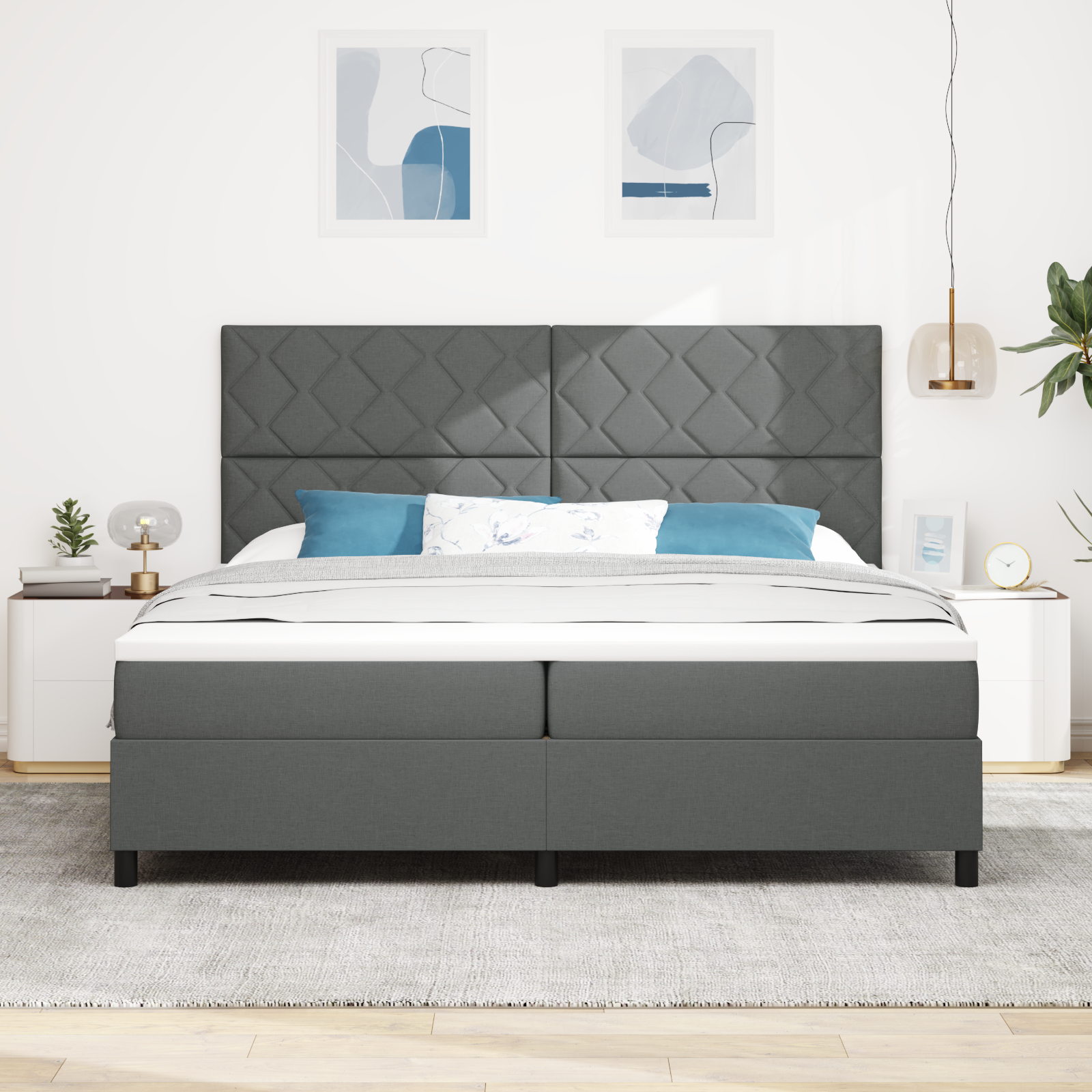 vidaXL Pat cu arcuri cu saltea Gri închis 200 x 200 cm țesătură vidaXL Pat cu arcuri cu saltea Gri închis 200 x 200 cm țesătură