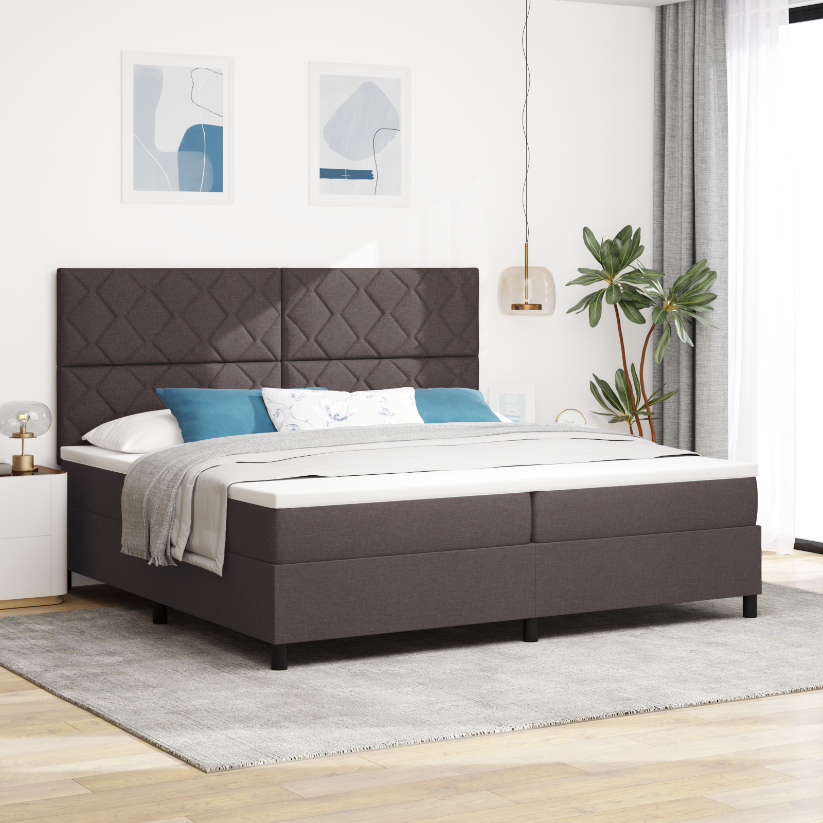 vidaXL Pat cu arcuri cu saltea Maro închis 200 x 200 cm țesătură vidaXL Pat cu arcuri cu saltea Maro închis 200 x 200 cm țesătură