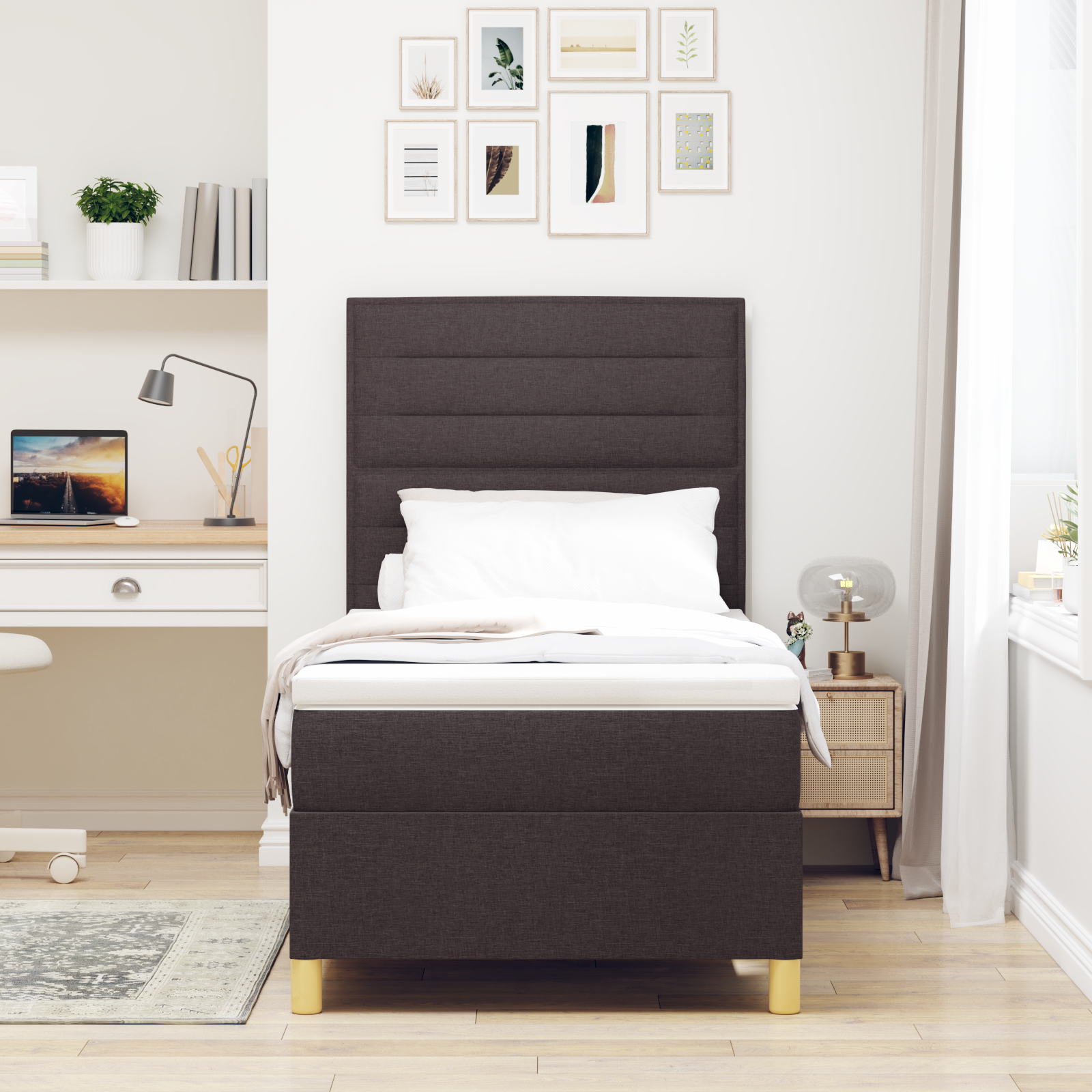 vidaXL Pat cu arcuri cu saltea Maro închis 90 x 200 cm țesătură vidaXL Pat cu arcuri cu saltea Maro închis 90 x 200 cm țesătură