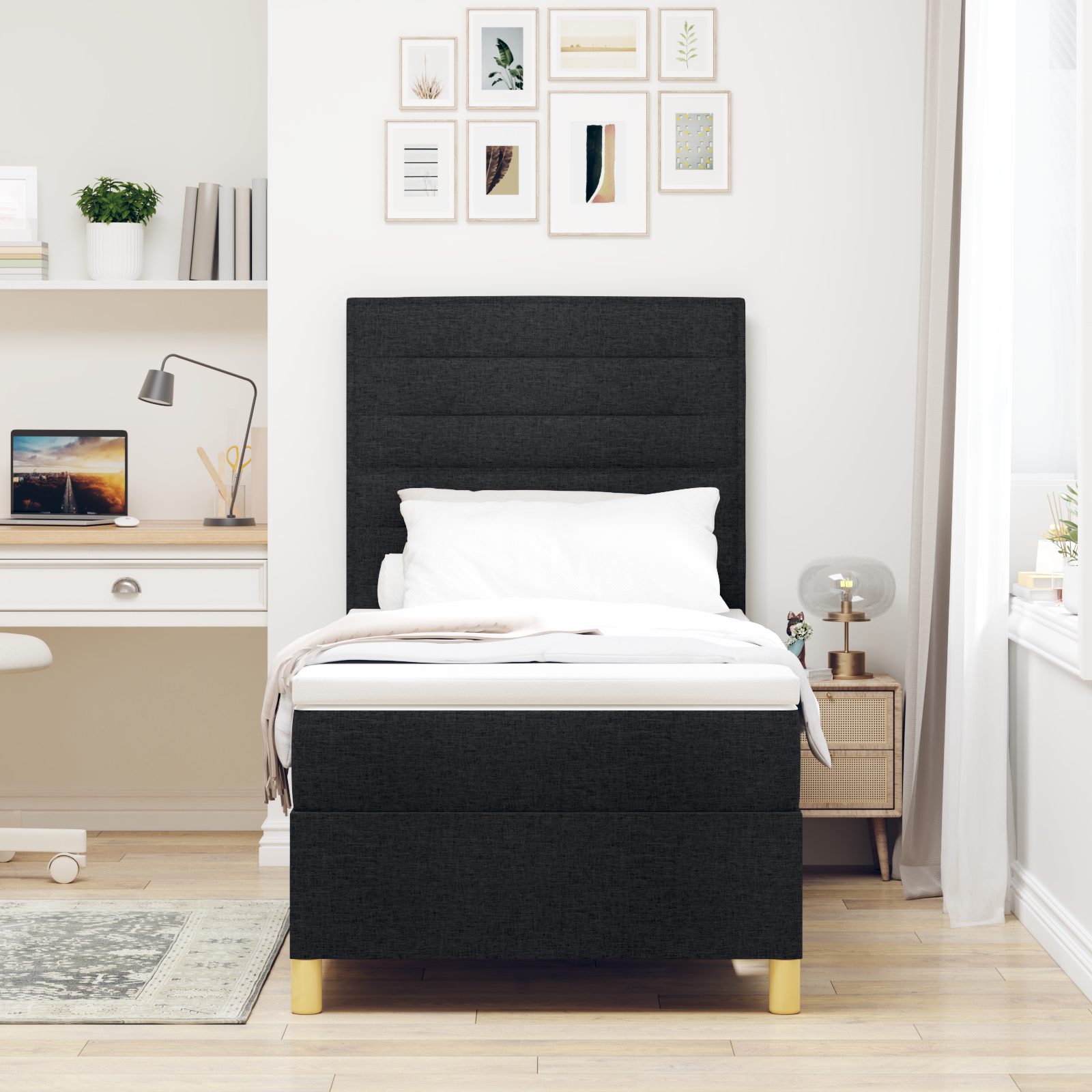 vidaXL Pat cu arcuri cu saltea Negru 100 x 200 cm țesătură vidaXL Pat cu arcuri cu saltea Negru 100 x 200 cm țesătură