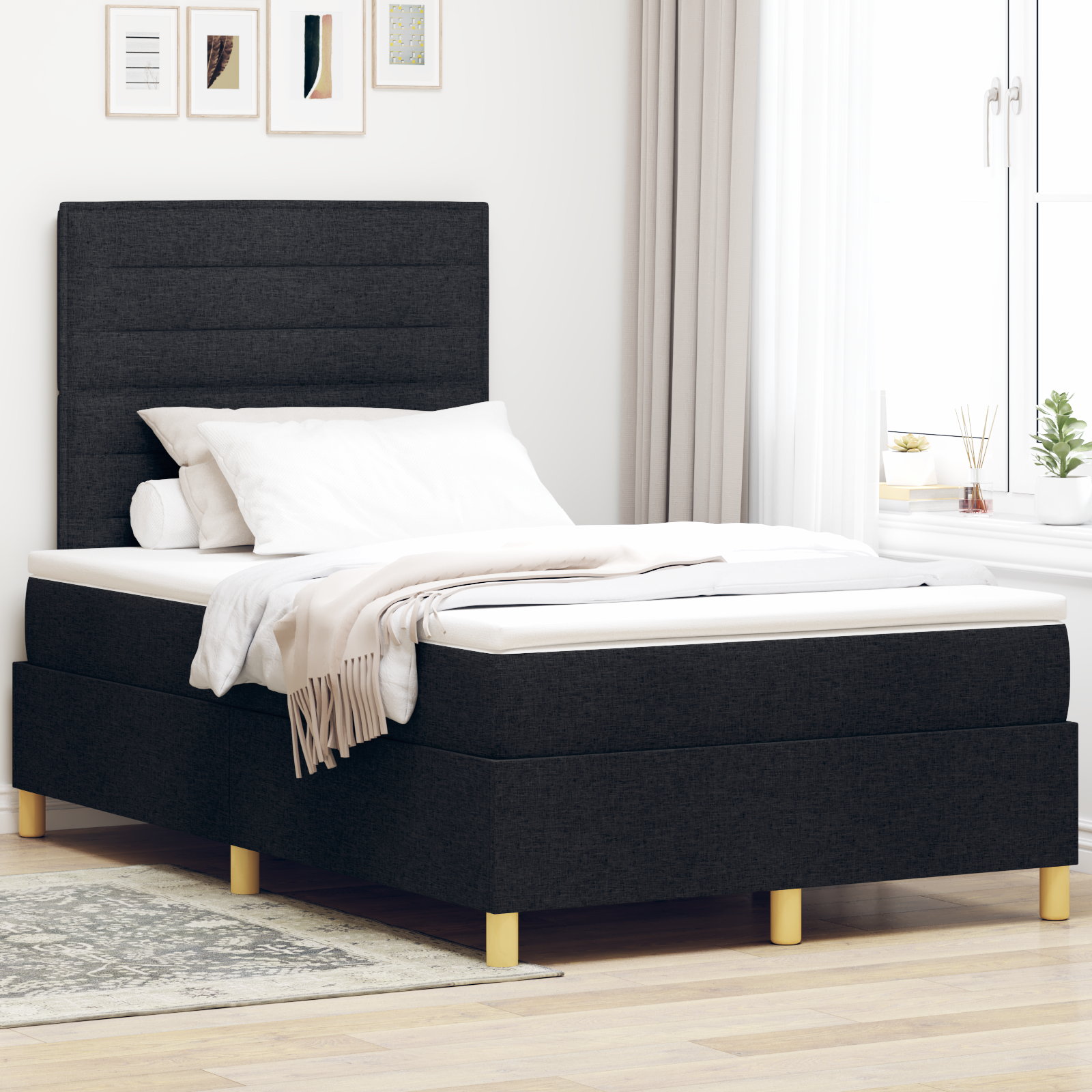 vidaXL Pat cu arcuri cu saltea Negru 120 x 200 cm țesătură vidaXL Pat cu arcuri cu saltea Negru 120 x 200 cm țesătură