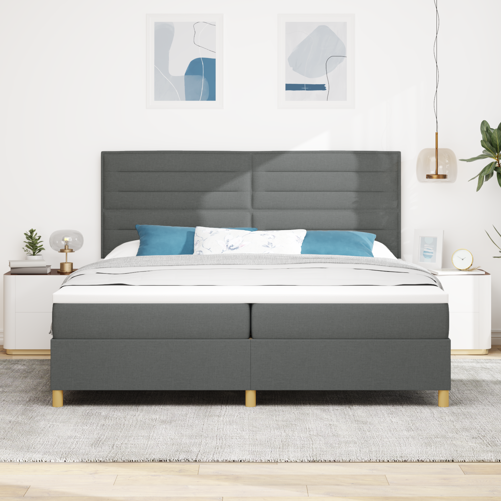 vidaXL Pat cu arcuri cu saltea Gri închis 200 x 200 cm țesătură vidaXL Pat cu arcuri cu saltea Gri închis 200 x 200 cm țesătură