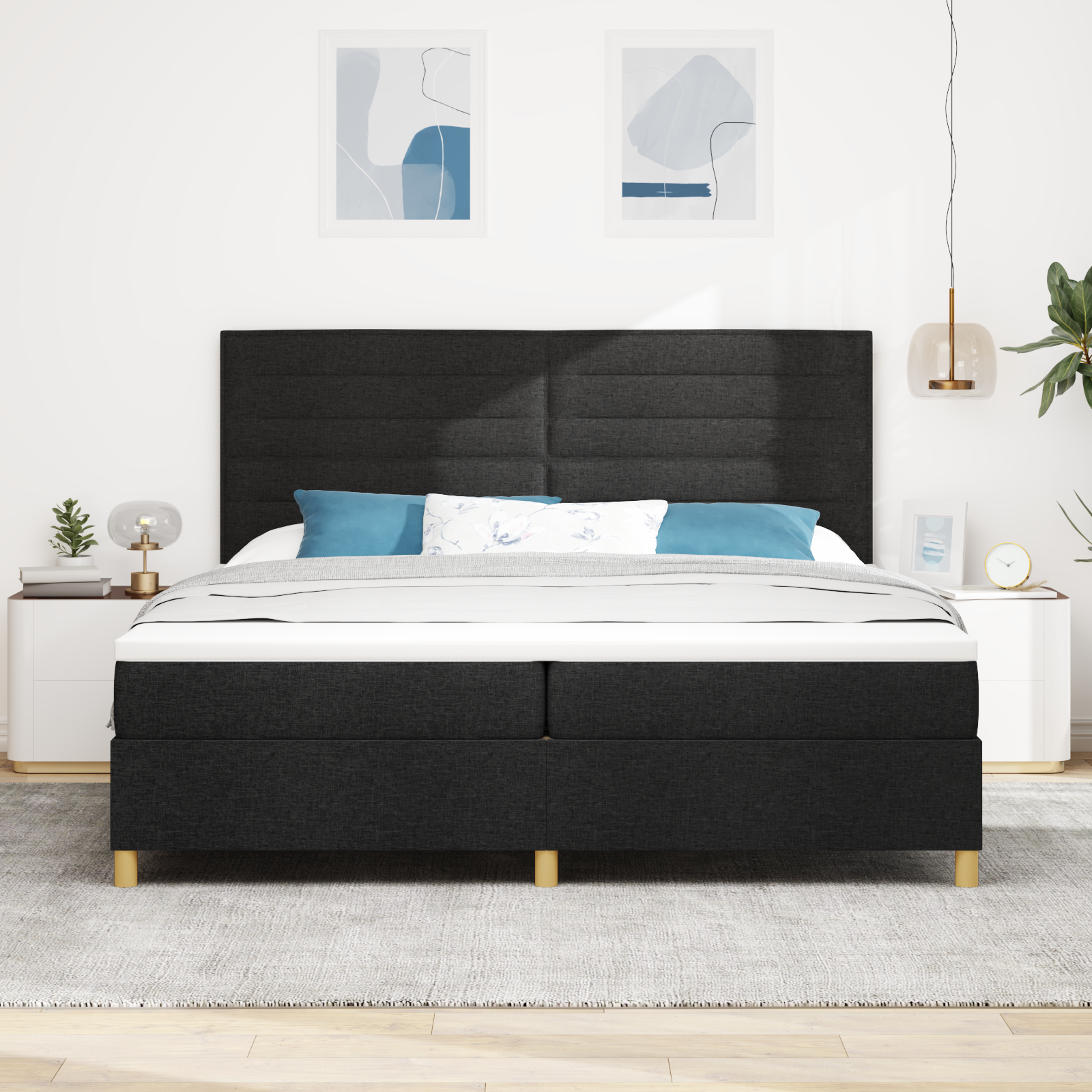 vidaXL Pat cu arcuri cu saltea Negru 200 x 200 cm țesătură vidaXL Pat cu arcuri cu saltea Negru 200 x 200 cm țesătură