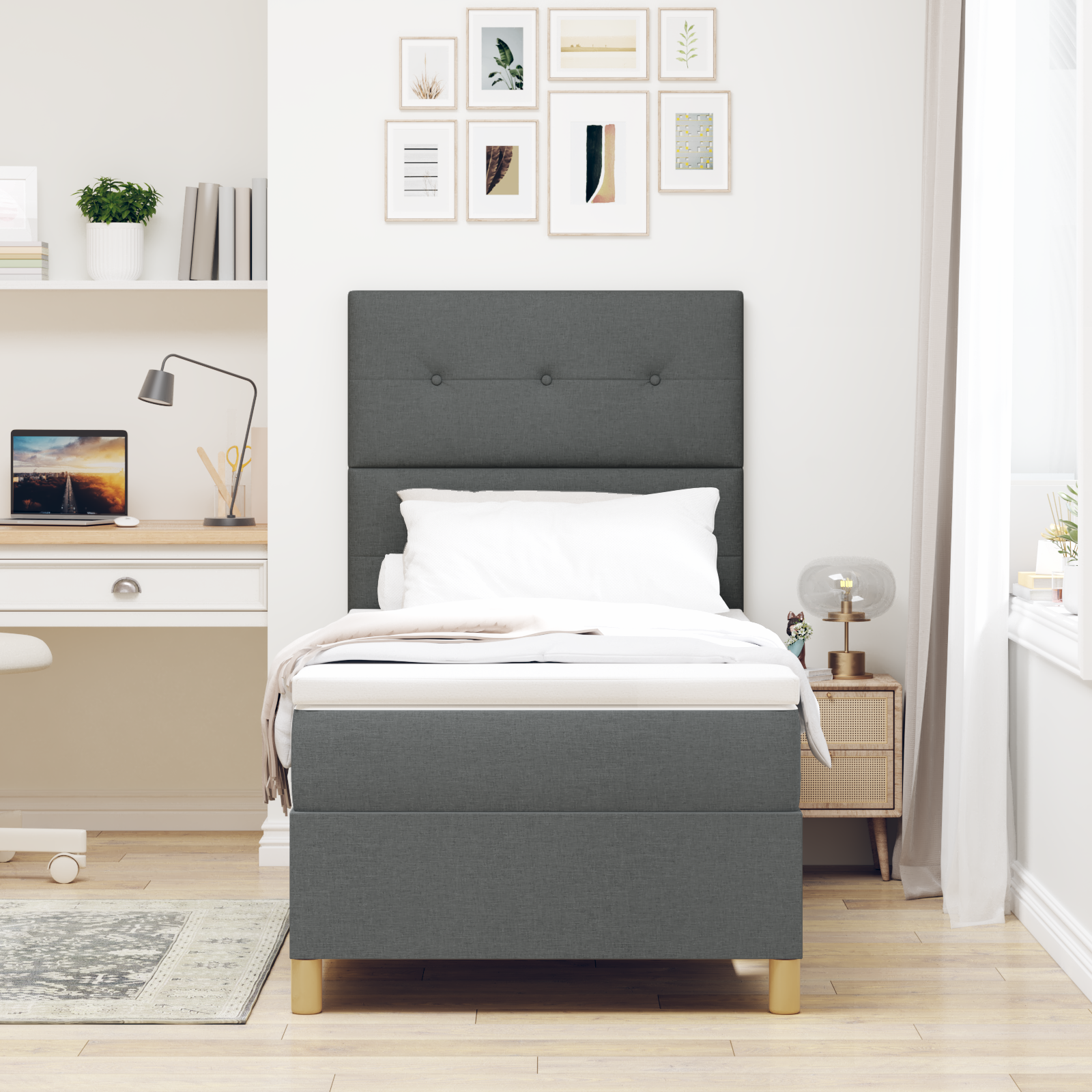 vidaXL Pat cu arcuri cu saltea Gri închis 80 x 200 cm țesătură vidaXL Pat cu arcuri cu saltea Gri închis 80 x 200 cm țesătură