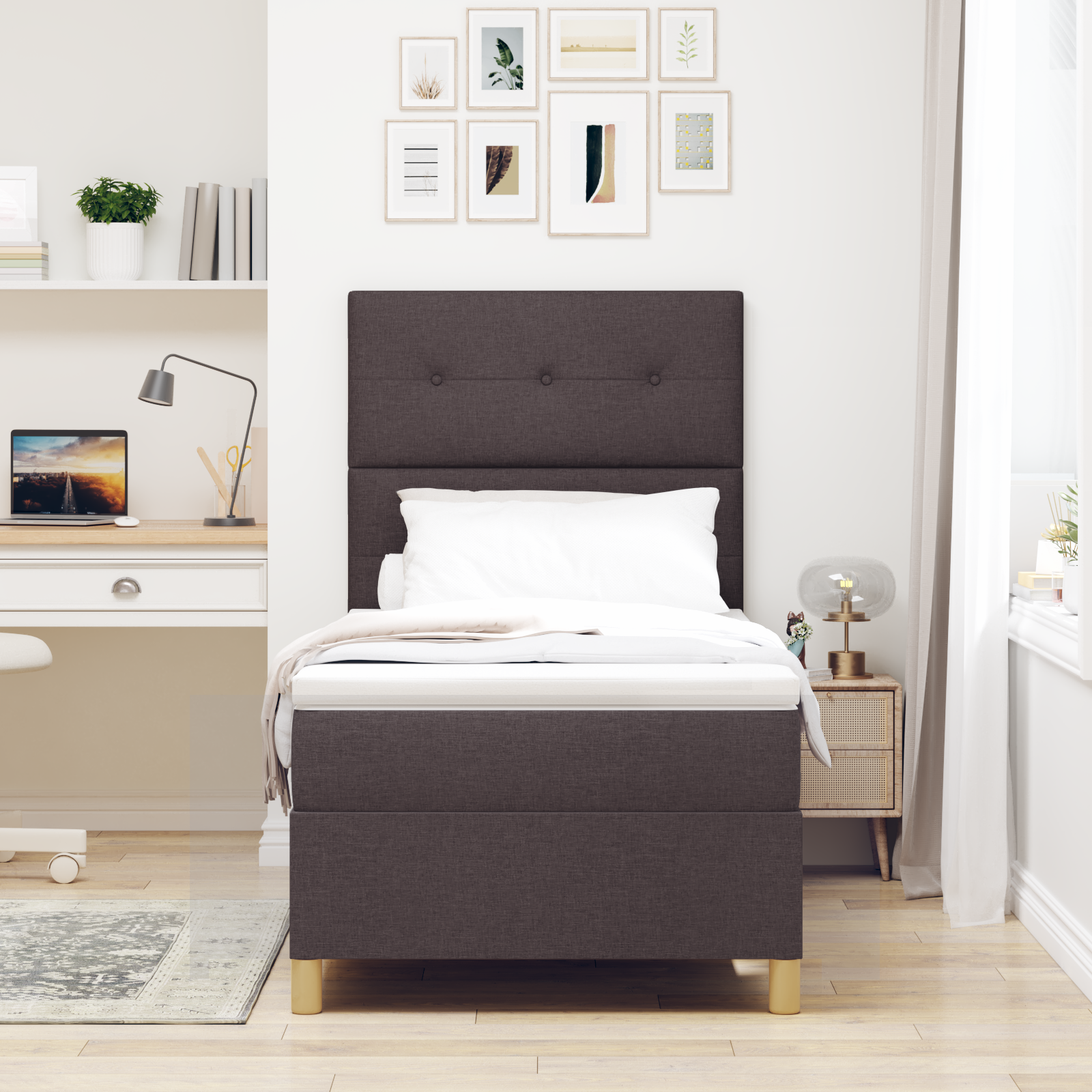 vidaXL Pat cu arcuri cu saltea Maro închis 90 x 200 cm țesătură vidaXL Pat cu arcuri cu saltea Maro închis 90 x 200 cm țesătură