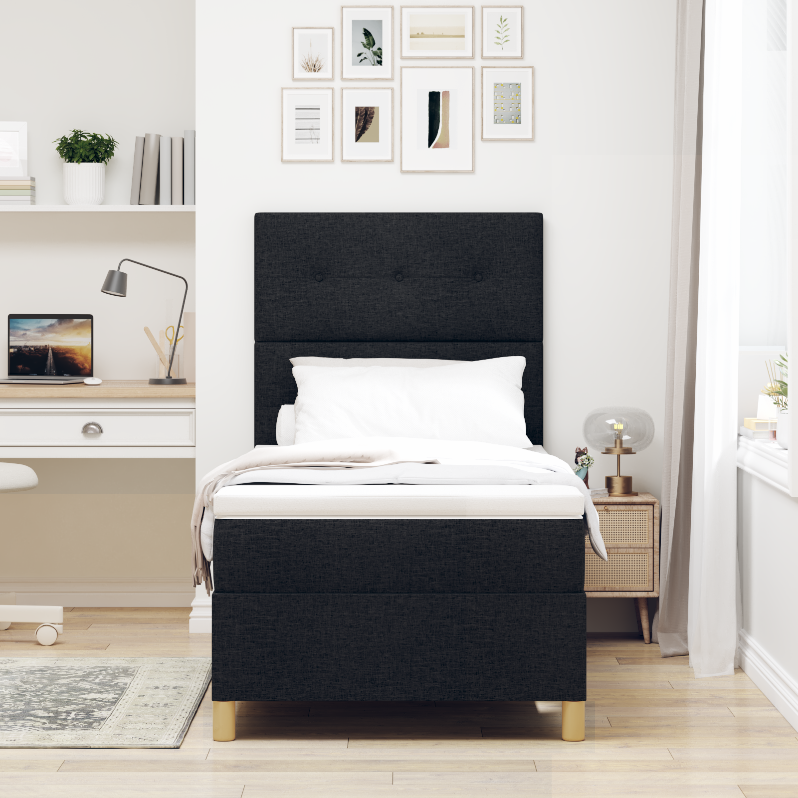 vidaXL Pat cu arcuri cu saltea Negru 100 x 200 cm țesătură vidaXL Pat cu arcuri cu saltea Negru 100 x 200 cm țesătură