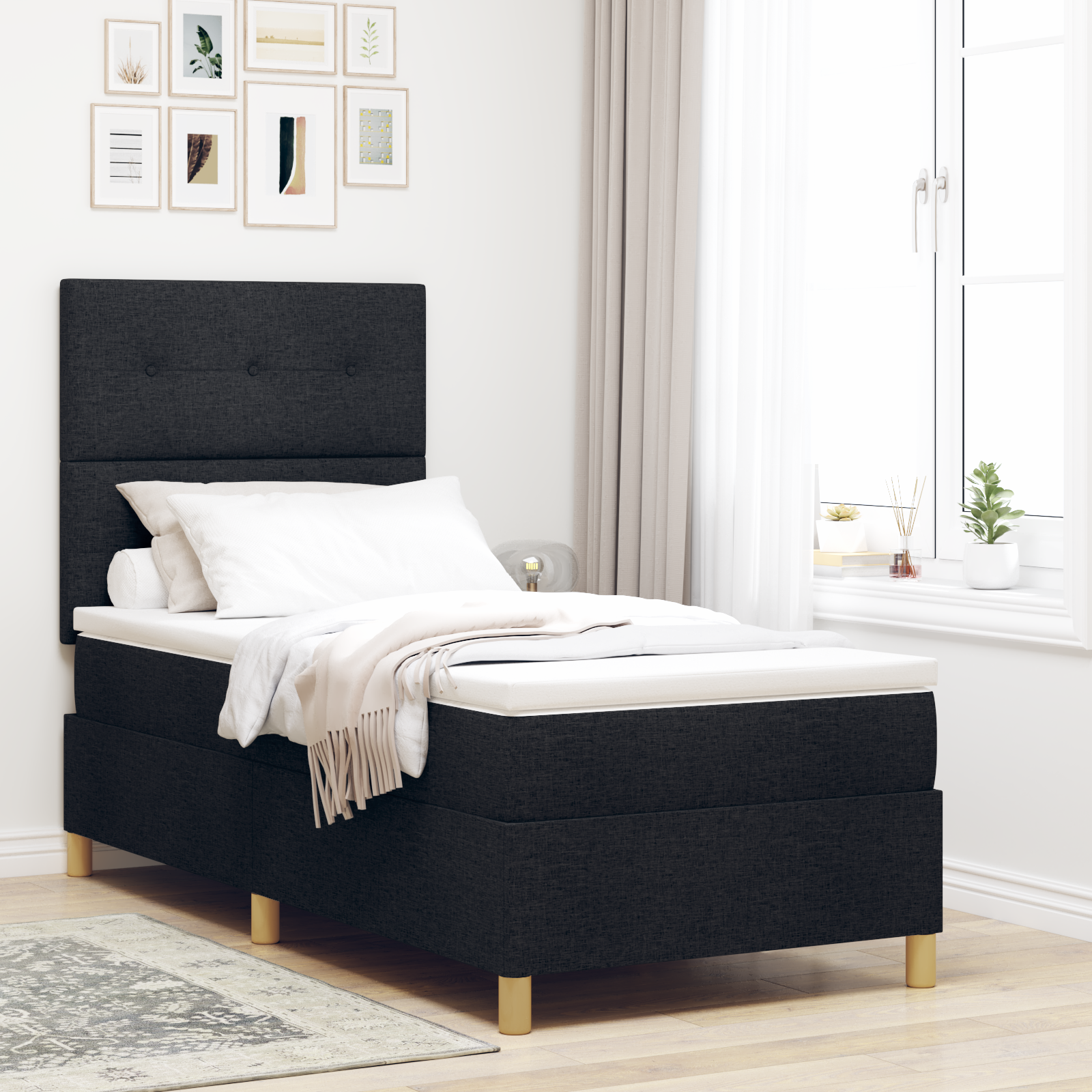 vidaXL Pat cu arcuri cu saltea Negru 100 x 200 cm țesătură vidaXL Pat cu arcuri cu saltea Negru 100 x 200 cm țesătură