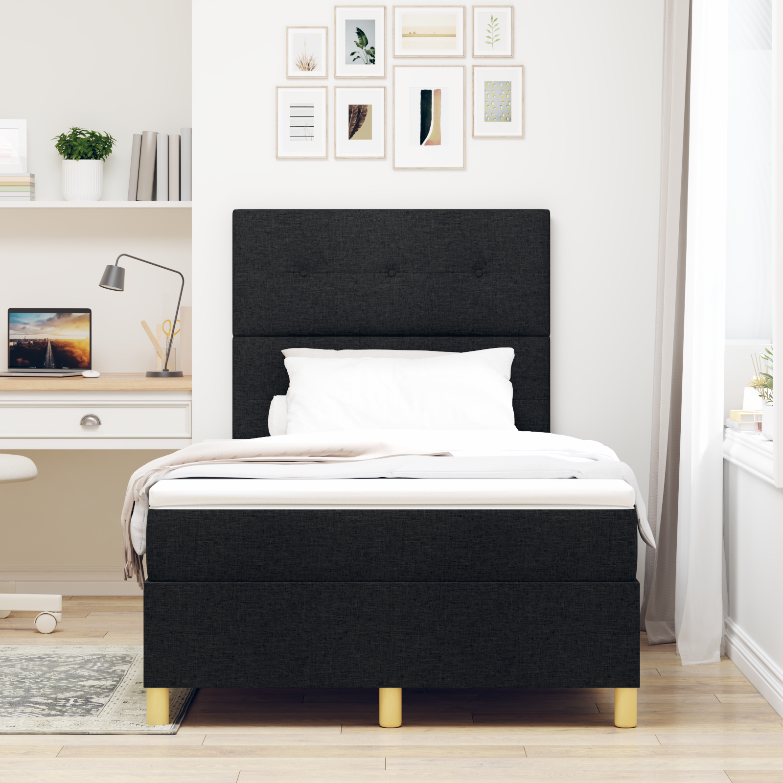 vidaXL Pat cu arcuri cu saltea Negru 120 x 200 cm țesătură vidaXL Pat cu arcuri cu saltea Negru 120 x 200 cm țesătură