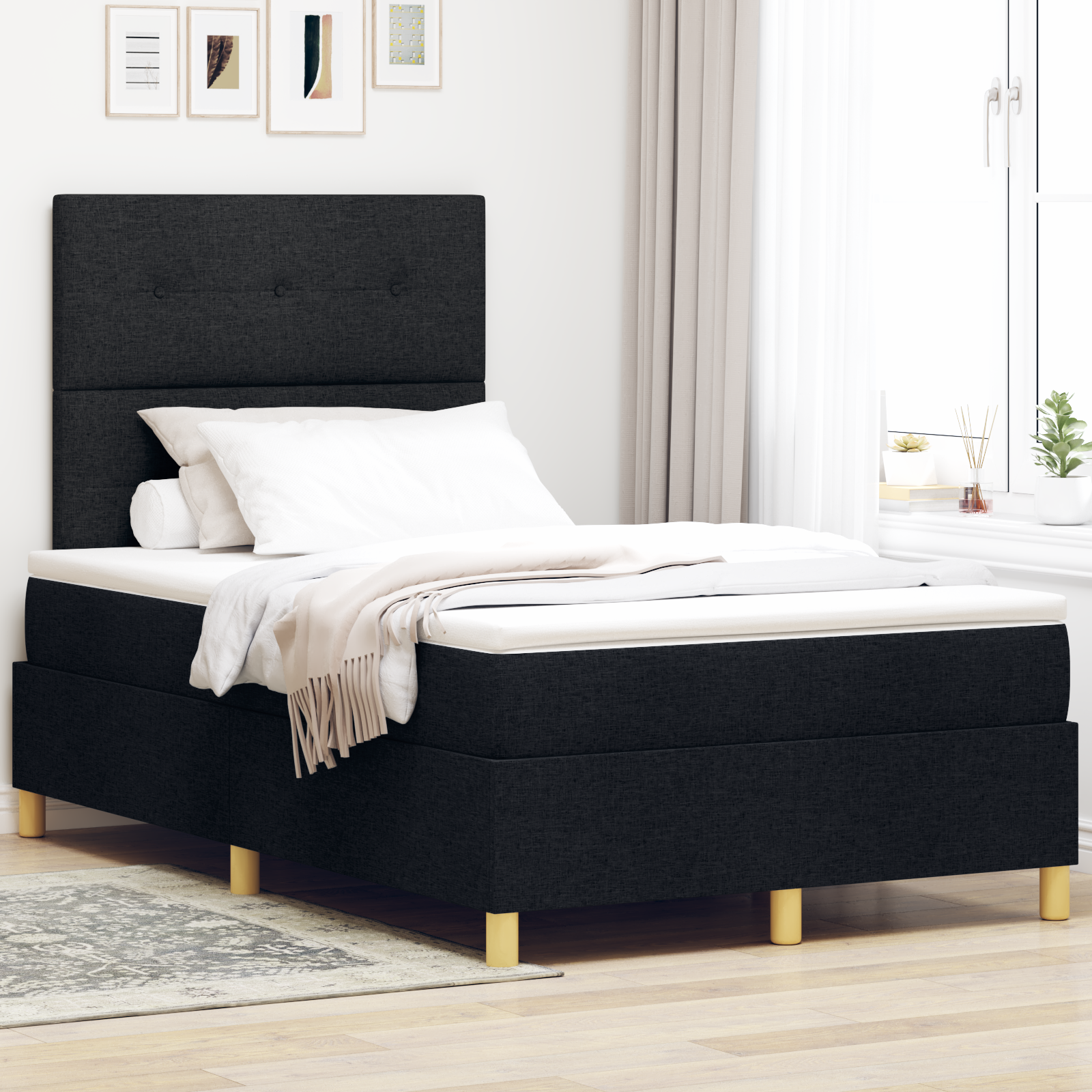 vidaXL Pat cu arcuri cu saltea Negru 120 x 200 cm țesătură vidaXL Pat cu arcuri cu saltea Negru 120 x 200 cm țesătură
