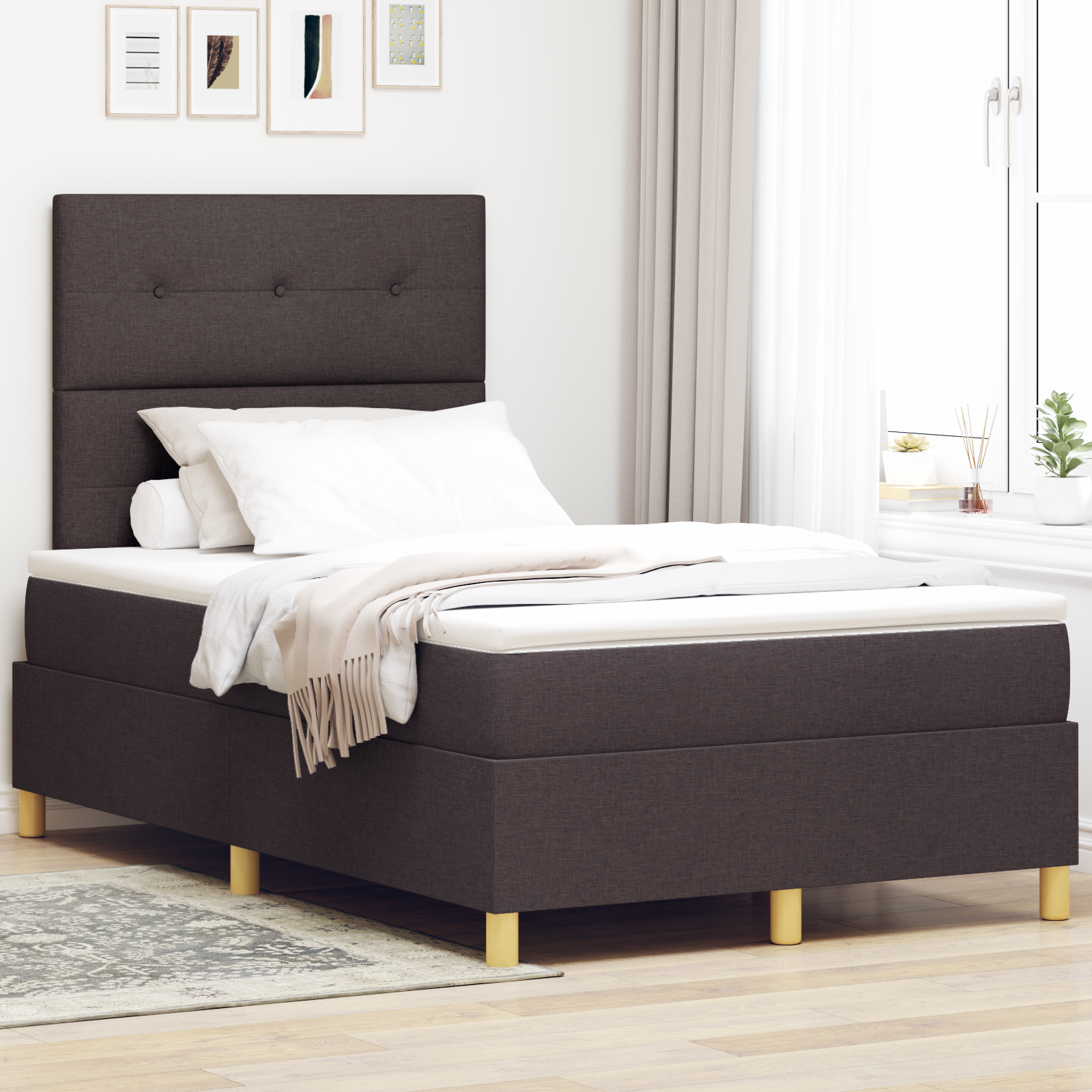 vidaXL Pat cu arcuri cu saltea Maro închis 120 x 200 cm țesătură vidaXL Pat cu arcuri cu saltea Maro închis 120 x 200 cm țesătură