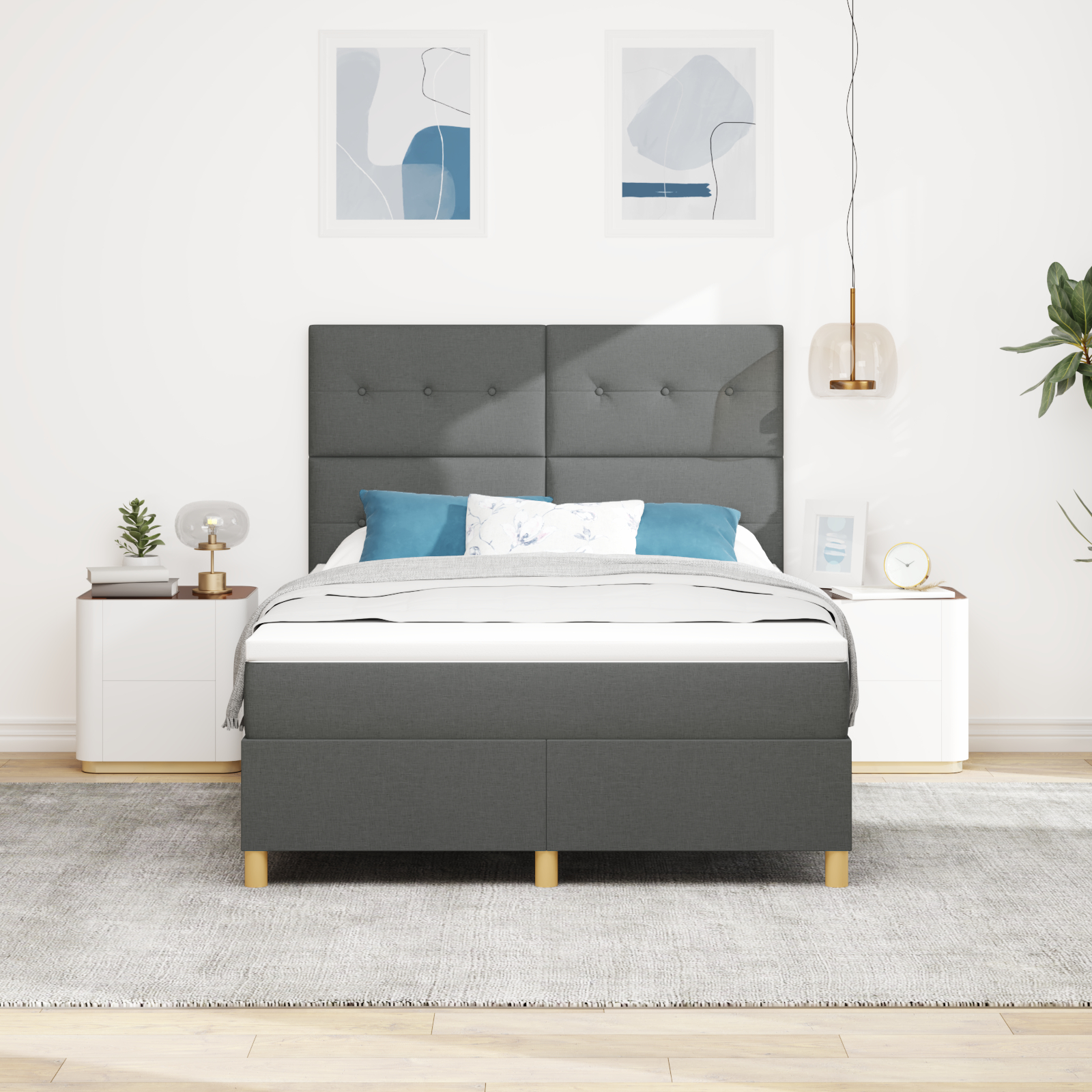 vidaXL Pat cu arcuri cu saltea Gri închis 160 x 200 cm țesătură vidaXL Pat cu arcuri cu saltea Gri închis 160 x 200 cm țesătură