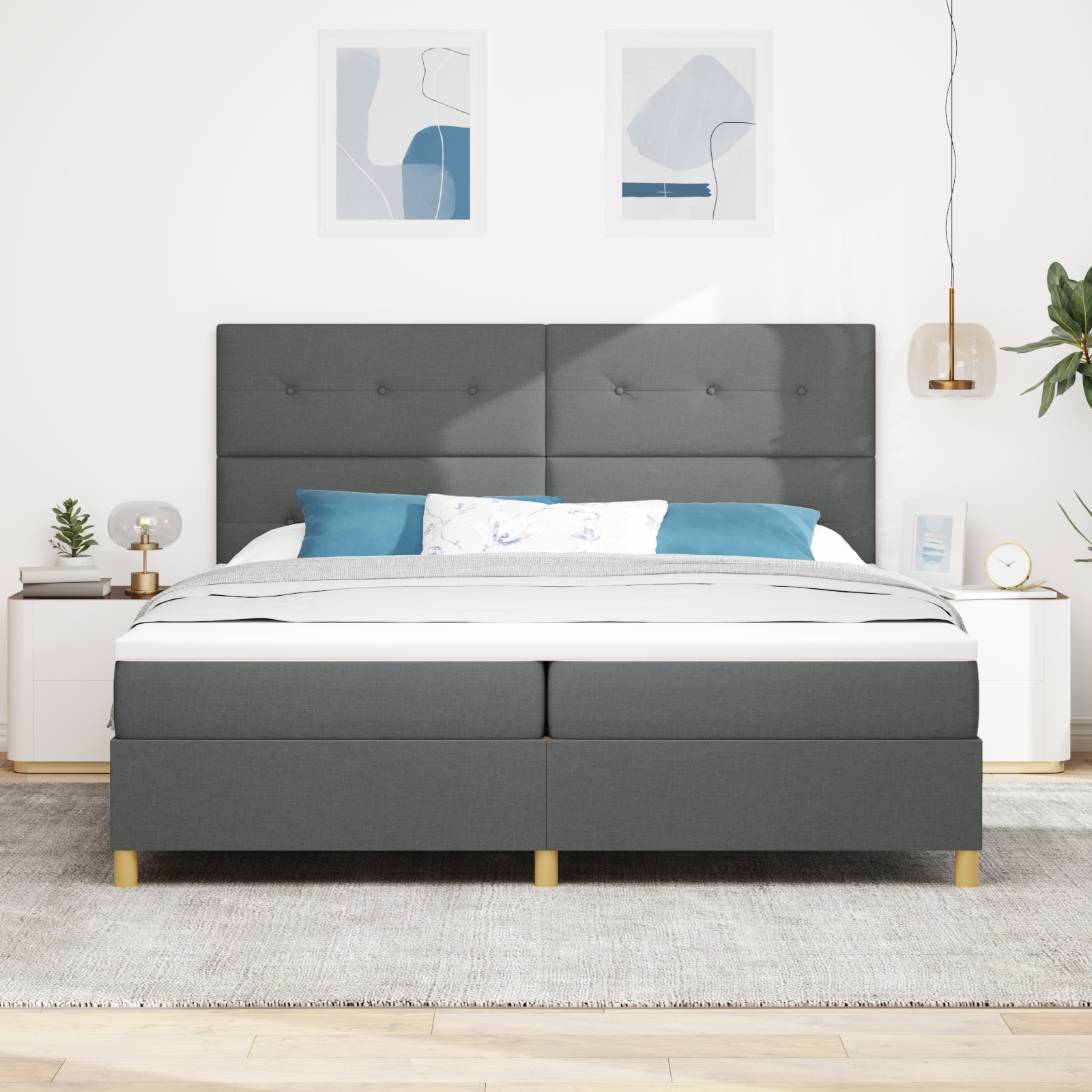 vidaXL Pat cu arcuri cu saltea Gri închis 200 x 200 cm țesătură vidaXL Pat cu arcuri cu saltea Gri închis 200 x 200 cm țesătură
