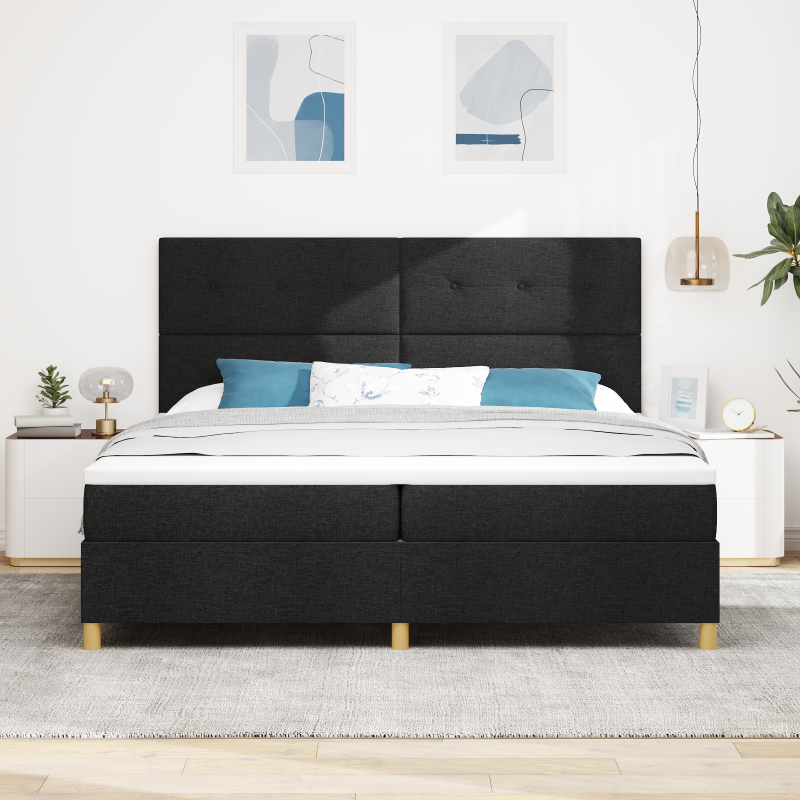 vidaXL Pat cu arcuri cu saltea Negru 200 x 200 cm țesătură vidaXL Pat cu arcuri cu saltea Negru 200 x 200 cm țesătură