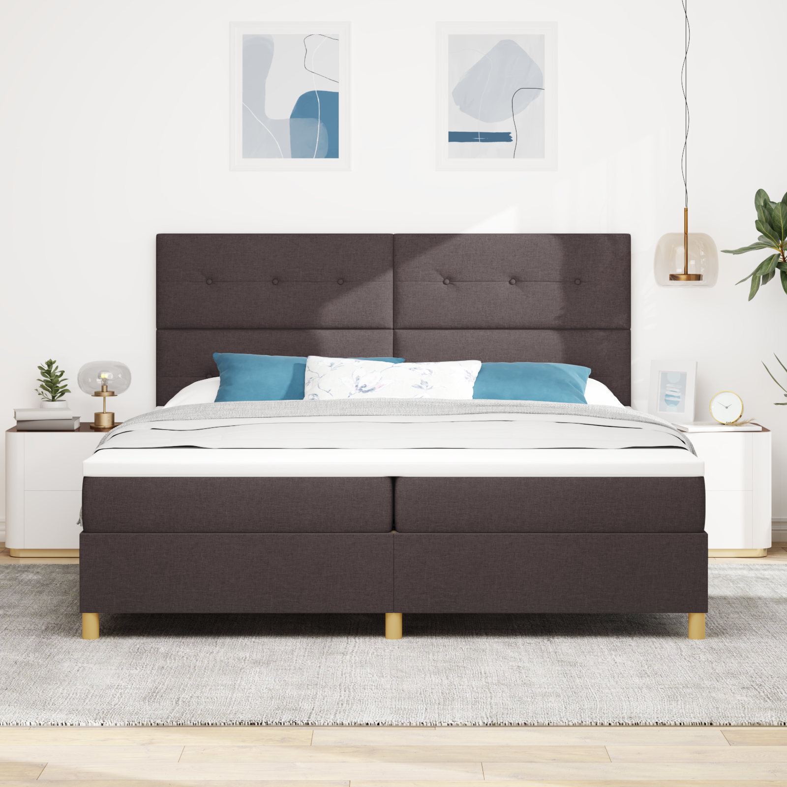 vidaXL Pat cu arcuri cu saltea Maro închis 200 x 200 cm țesătură vidaXL Pat cu arcuri cu saltea Maro închis 200 x 200 cm țesătură