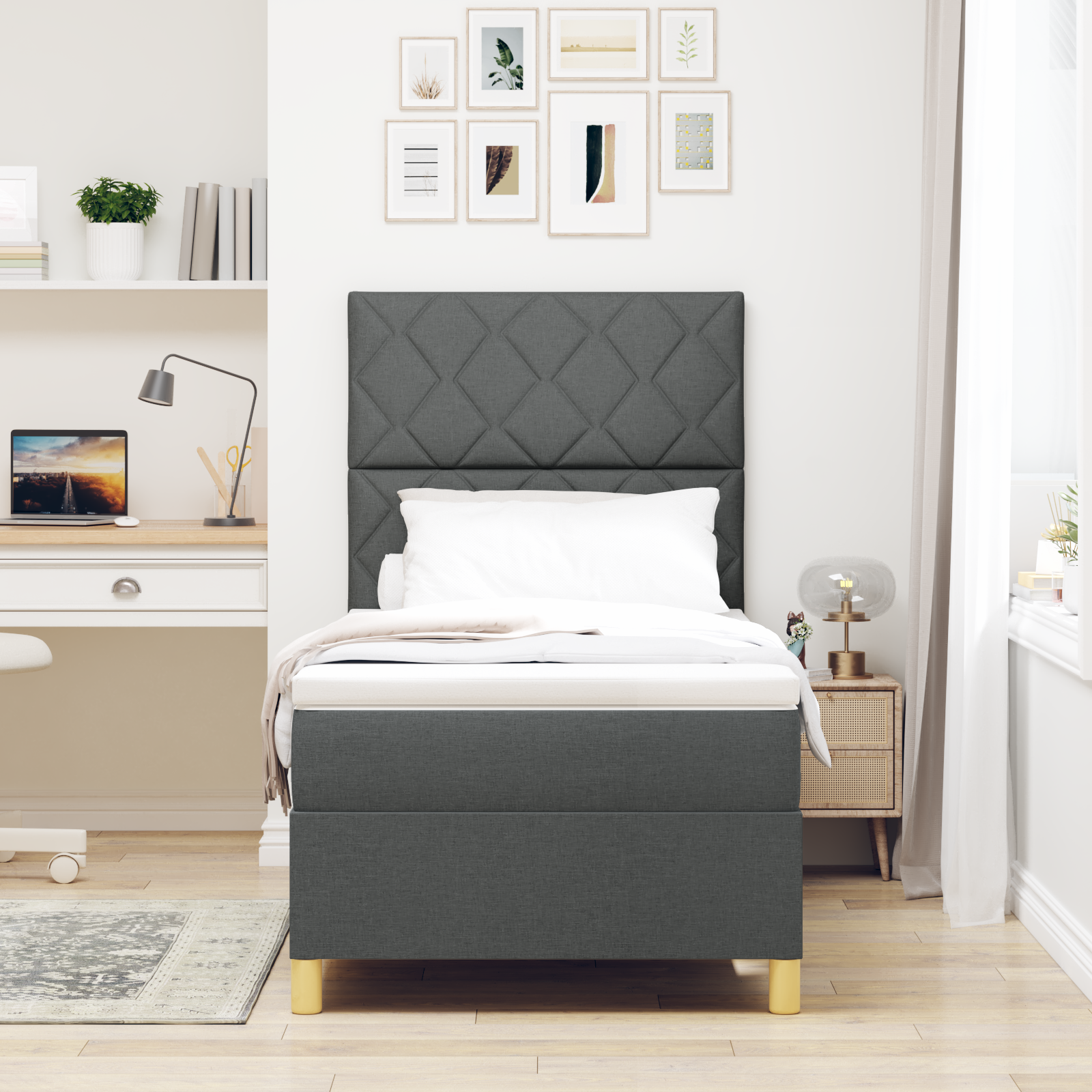 vidaXL Pat cu arcuri cu saltea Gri închis 90 x 190 cm țesătură vidaXL Pat cu arcuri cu saltea Gri închis 90 x 190 cm țesătură